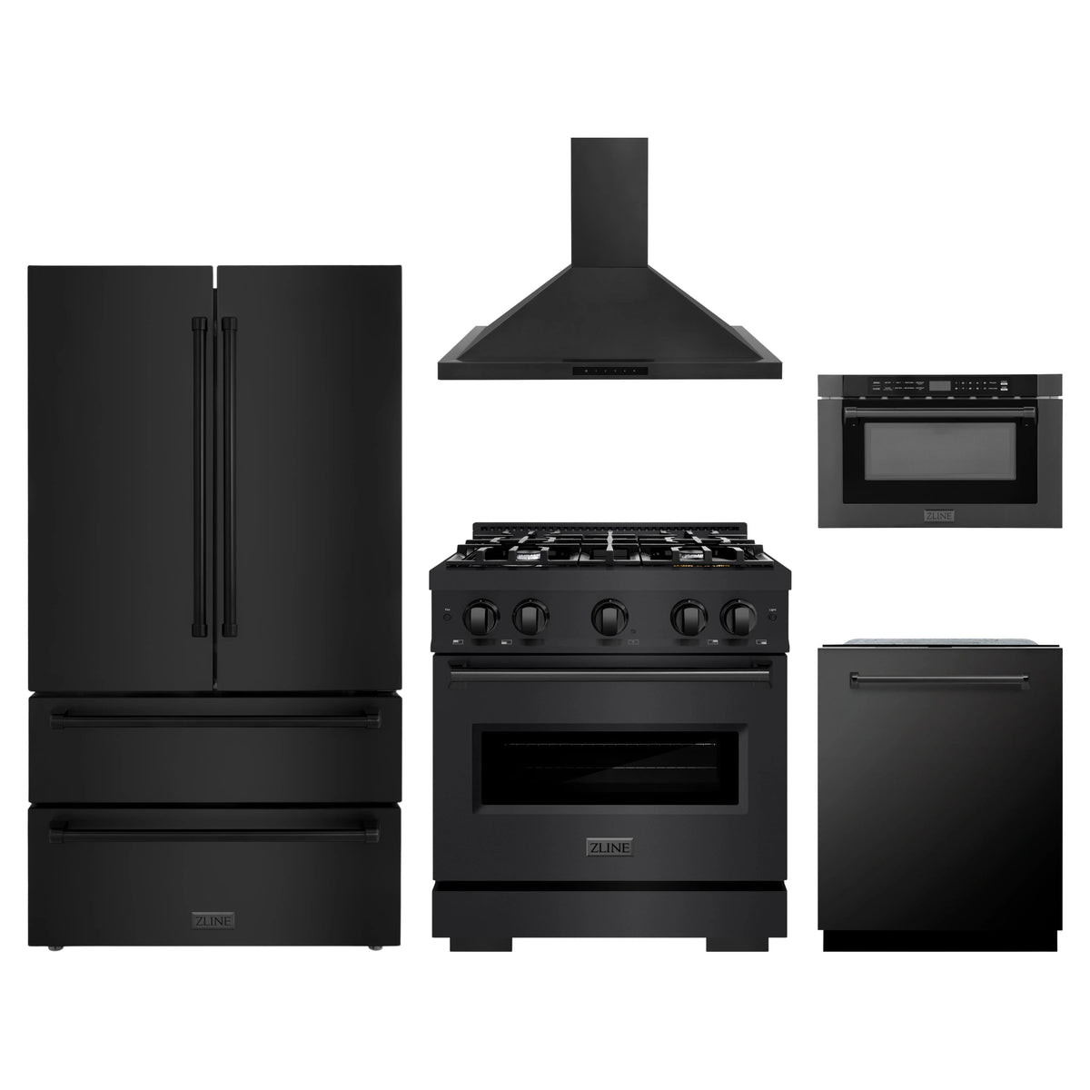 ZLINE 5-Piece Appliance Package - 30-Inch Dual Fuel Range, Hood, Refrigerator, Dishwasher, and Microwave Drawer in Black Stainless Steel