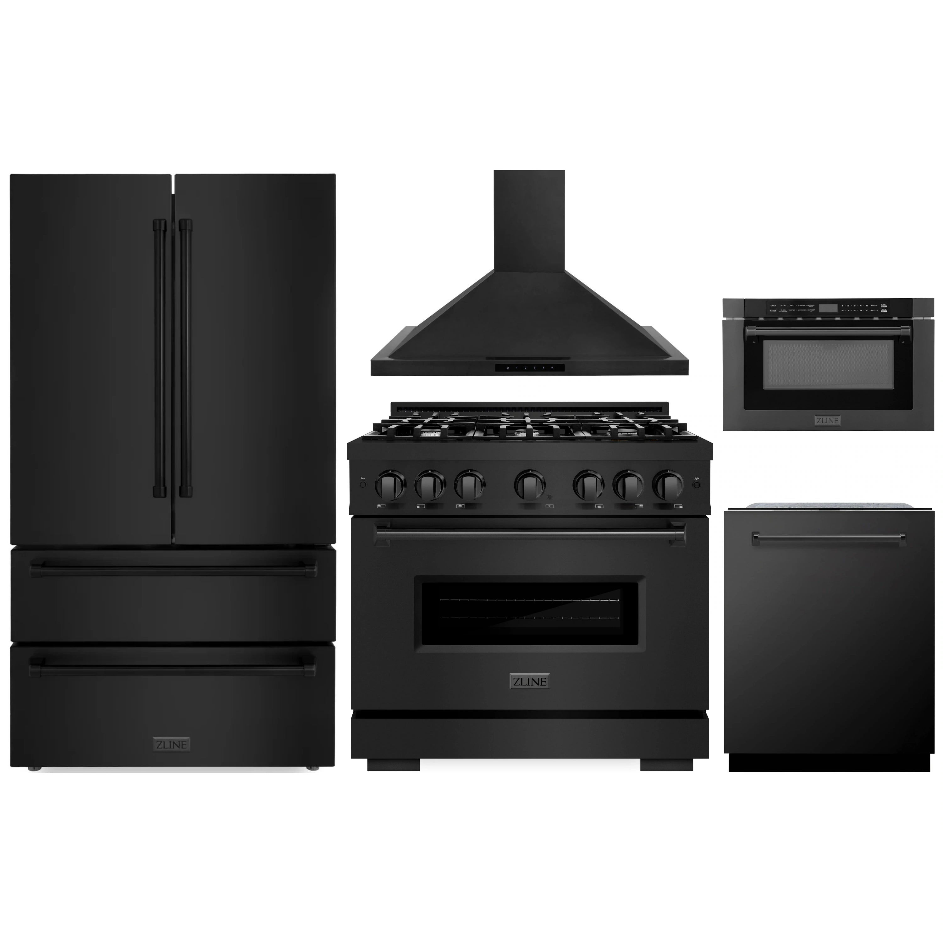 Black stainless appliance set with refrigerator, range with hood, microwave, and dishwasher