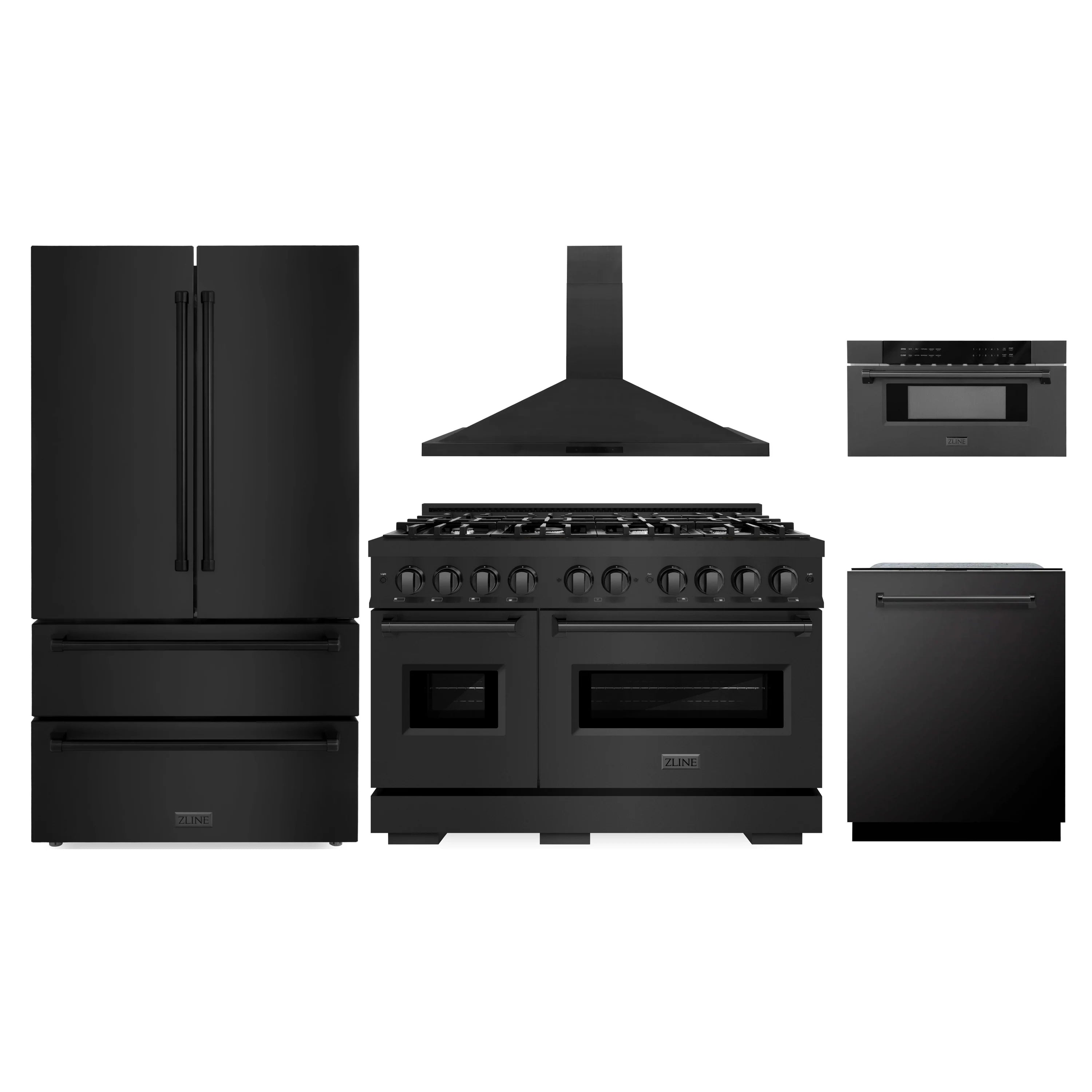 ZLINE black stainless 5-piece appliance package: refrigerator, range, hood, dishwasher, microwave