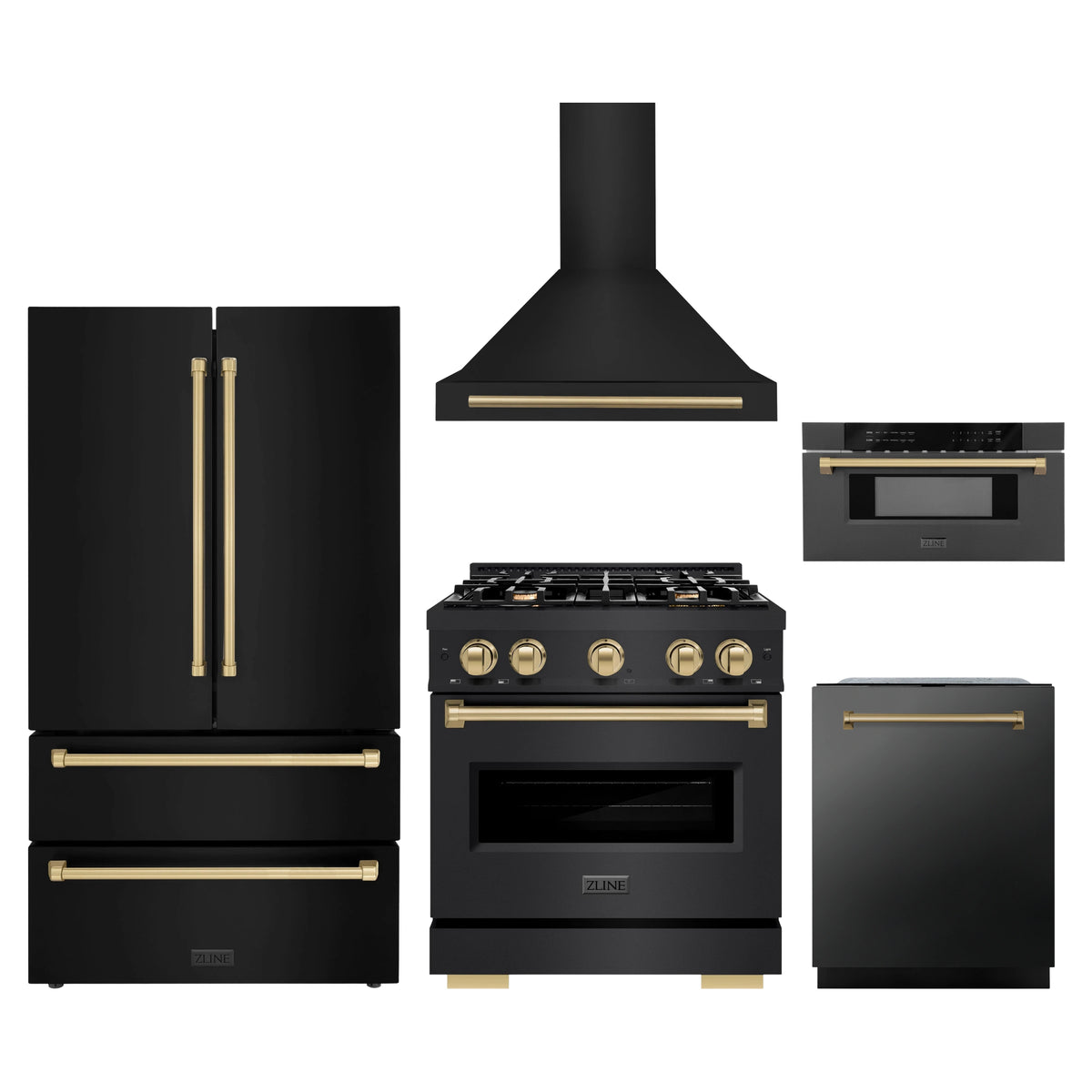 ZLINE 5-Piece Appliance Package - 30-Inch Autograph Edition Dual Fuel Range, Wall Mount Range Hood, 36-Inch French Door Refrigerator, Dishwasher, and 30-Inch Microwave Drawer in Black Stainless Steel with Champagne Bronze Accents