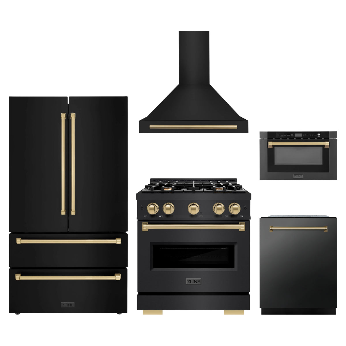 ZLINE 5-Piece Appliance Package - 30-Inch Dual Fuel Range, Hood, Refrigerator, Dishwasher, and Microwave Drawer in Black Stainless Steel with Champagne Bronze Accents