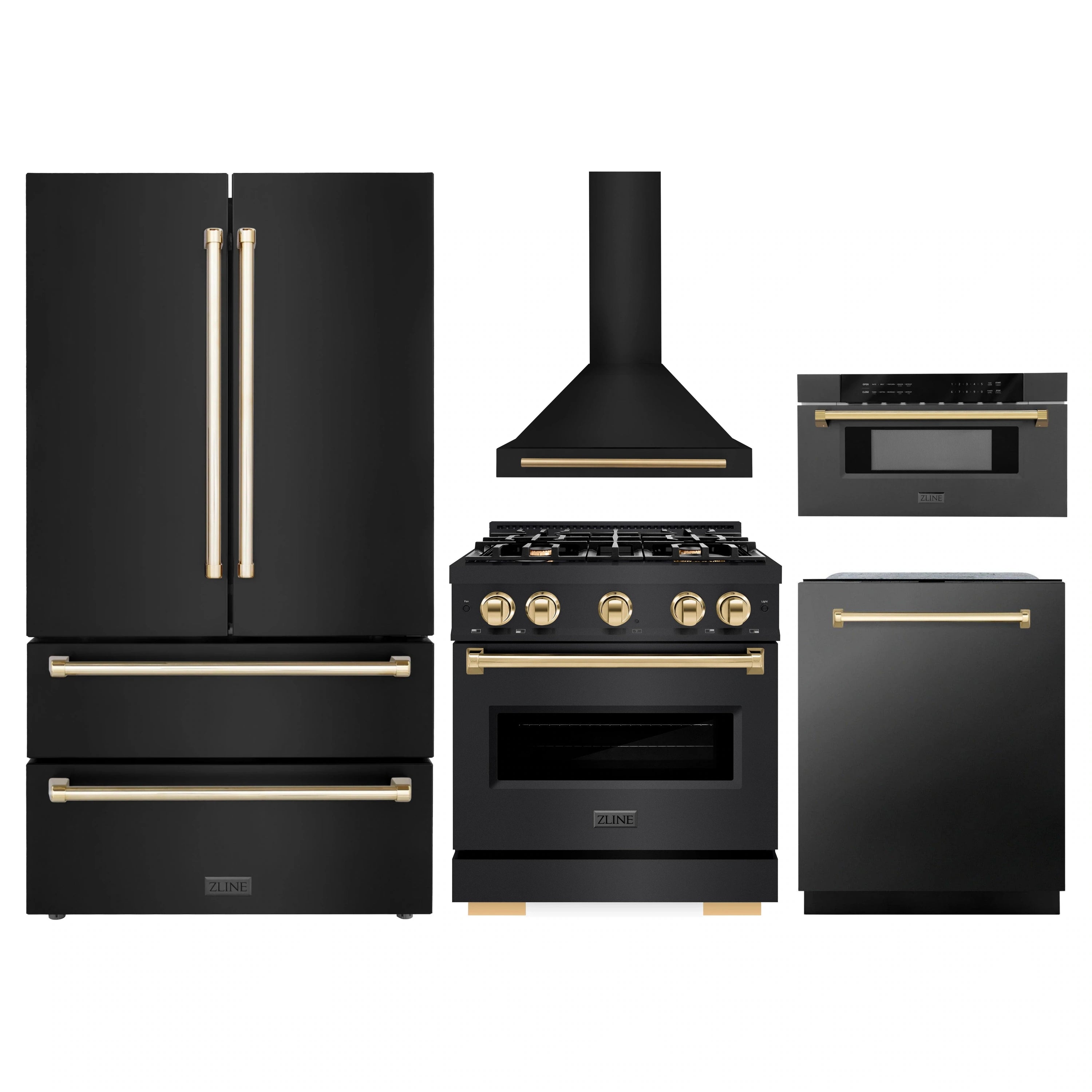 Black stainless appliance package with gold-accented range, hood, refrigerator, dishwasher