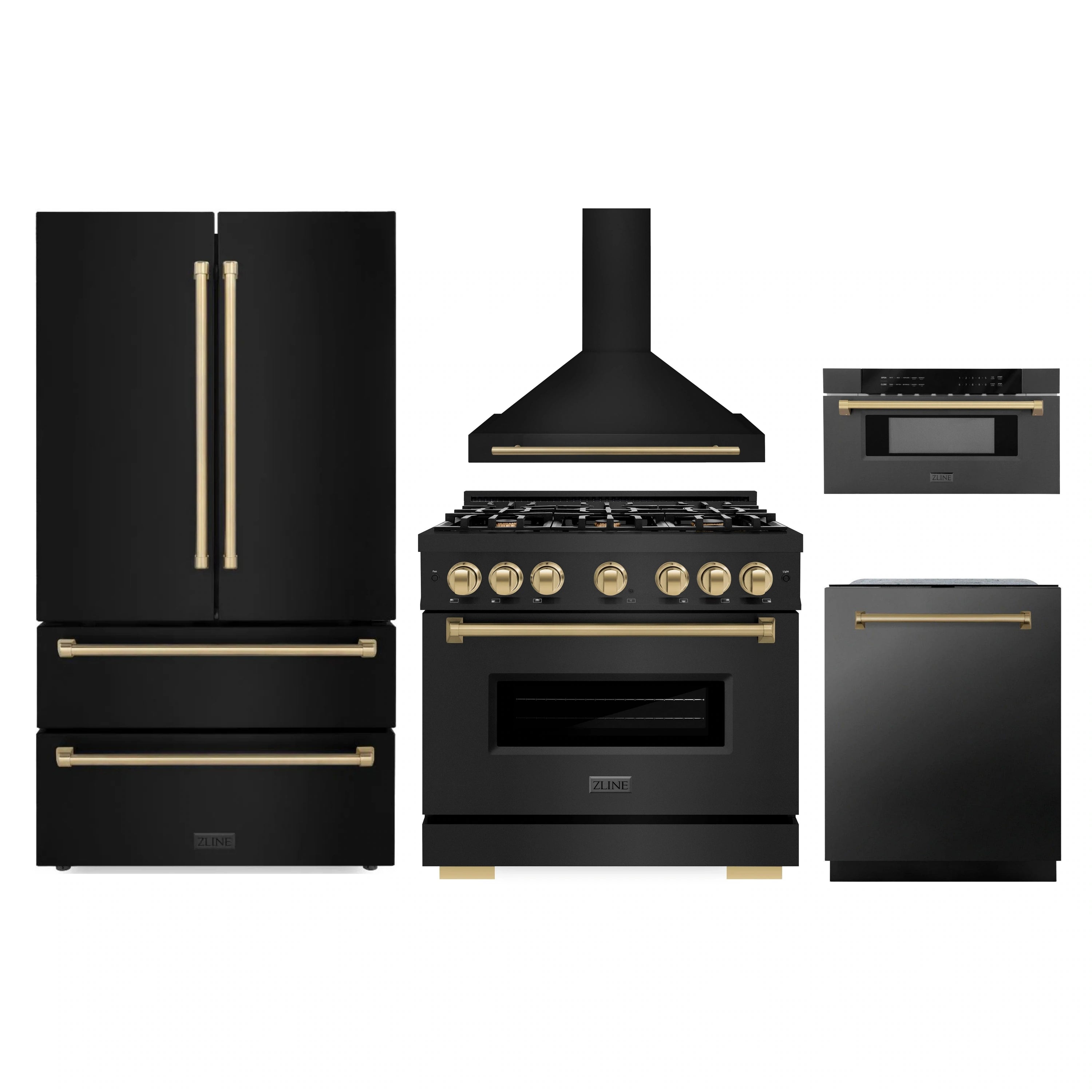 Black stainless kitchen appliance set: refrigerator, range, microwave drawer, and hood