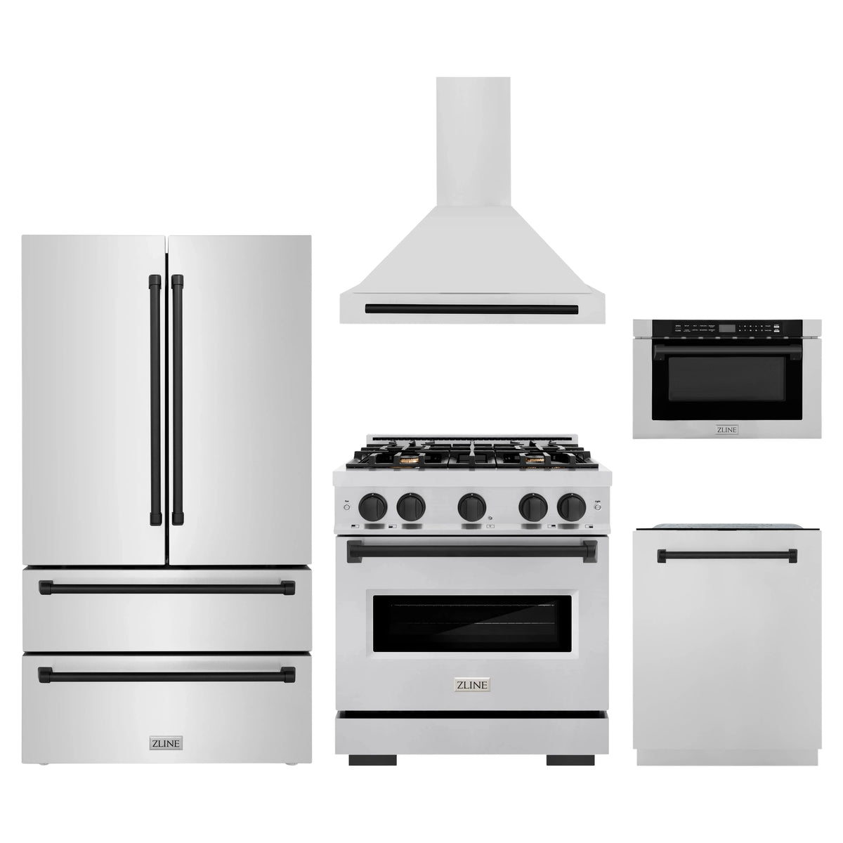 ZLINE 5-Piece Appliance Package - 30-Inch Dual Fuel Range, Hood, Refrigerator, Dishwasher, and Microwave Drawer in Stainless Steel with Matte Black Accents