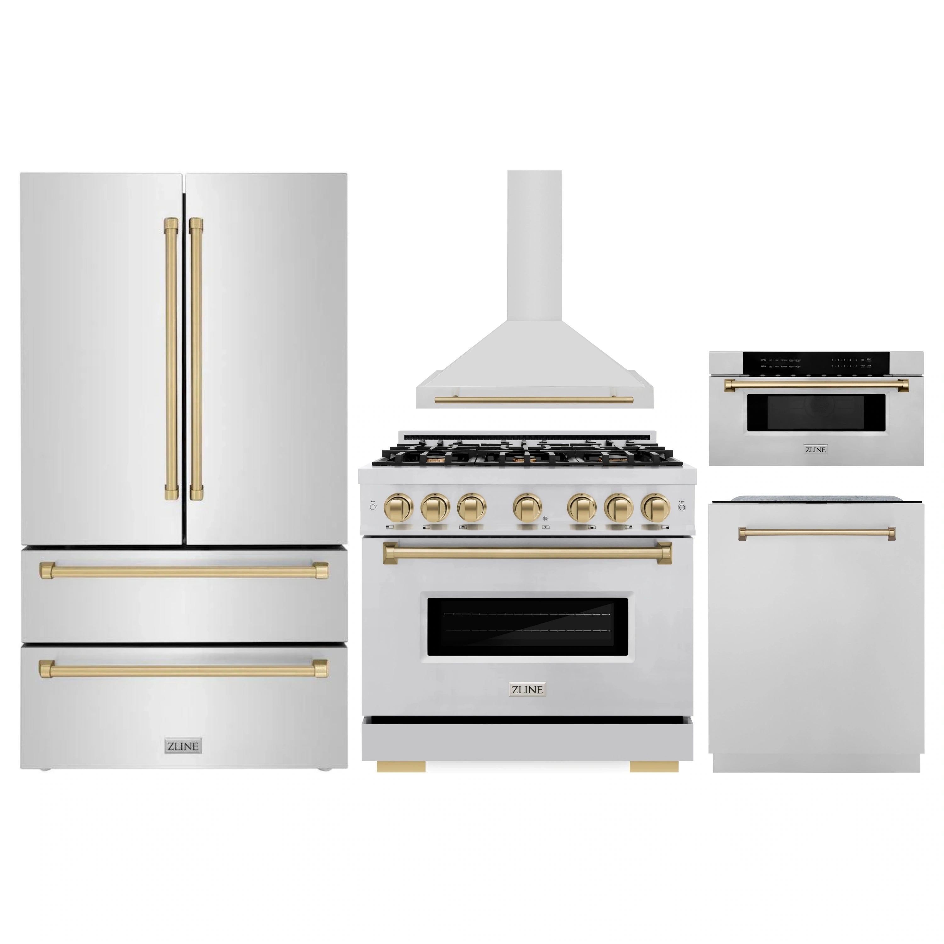 Stainless steel kitchen appliance package with champagne bronze handles and accents