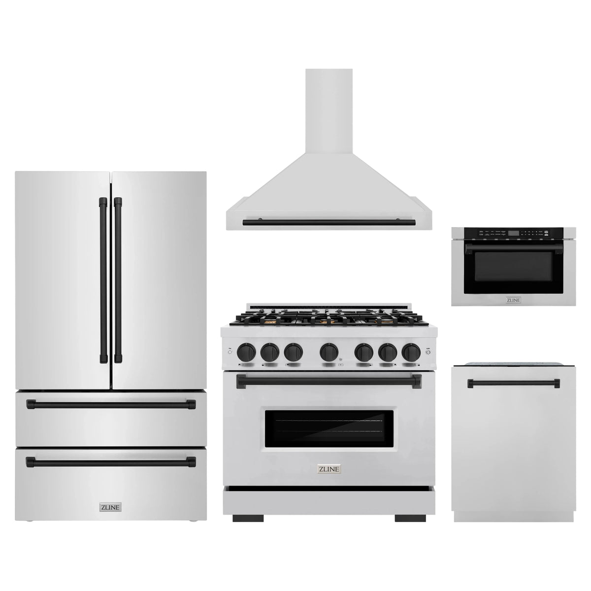 ZLINE 5-Piece Appliance Package - 36-Inch Dual Fuel Range, Hood, Refrigerator, Dishwasher, and Microwave Drawer in Stainless Steel with Matte Black Accents