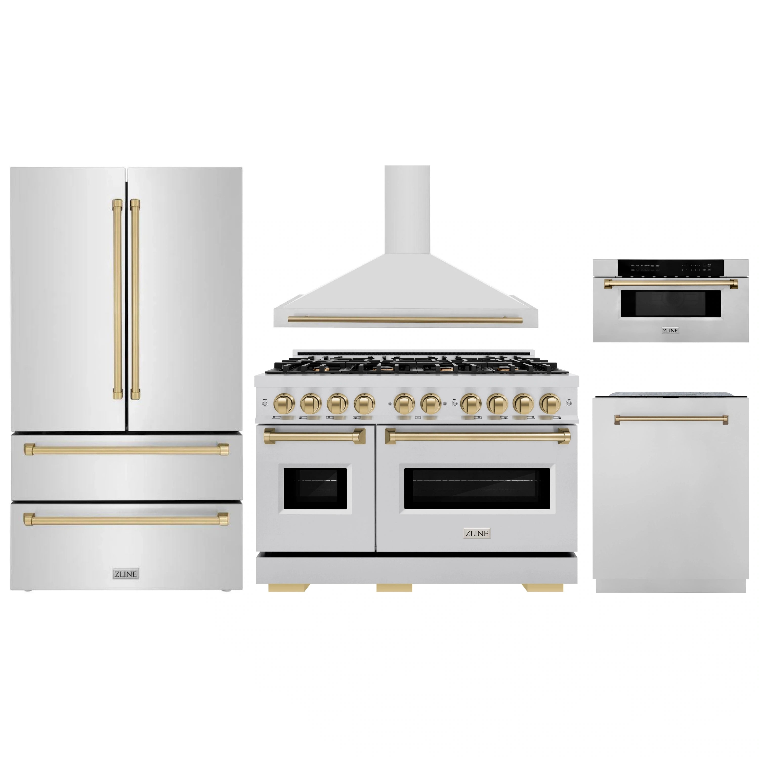Stainless steel kitchen appliance set with range, wall hood, microwave, refrigerator, and dishwasher