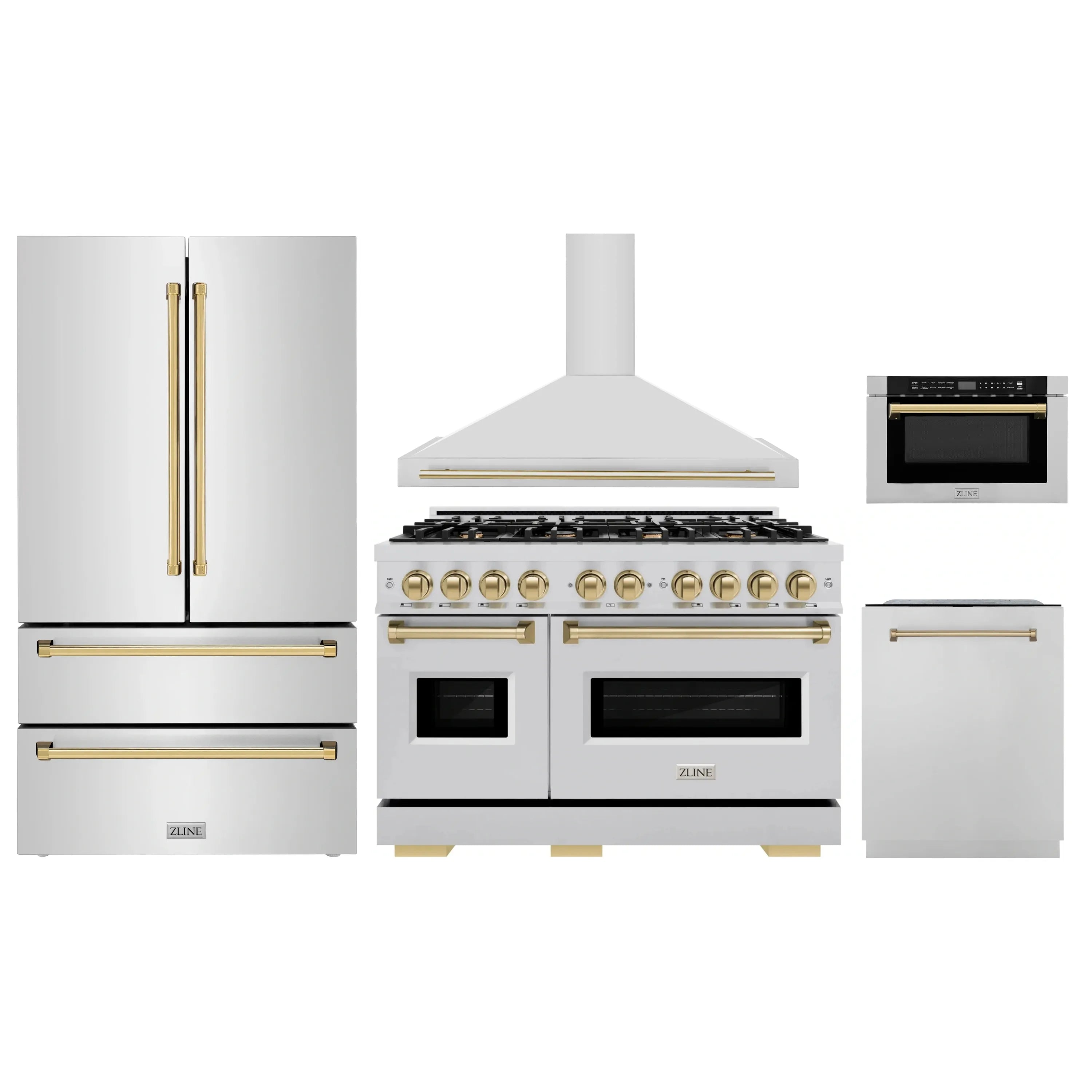 White appliance set with stainless range, gold accents, matching refrigerator and microwave drawer