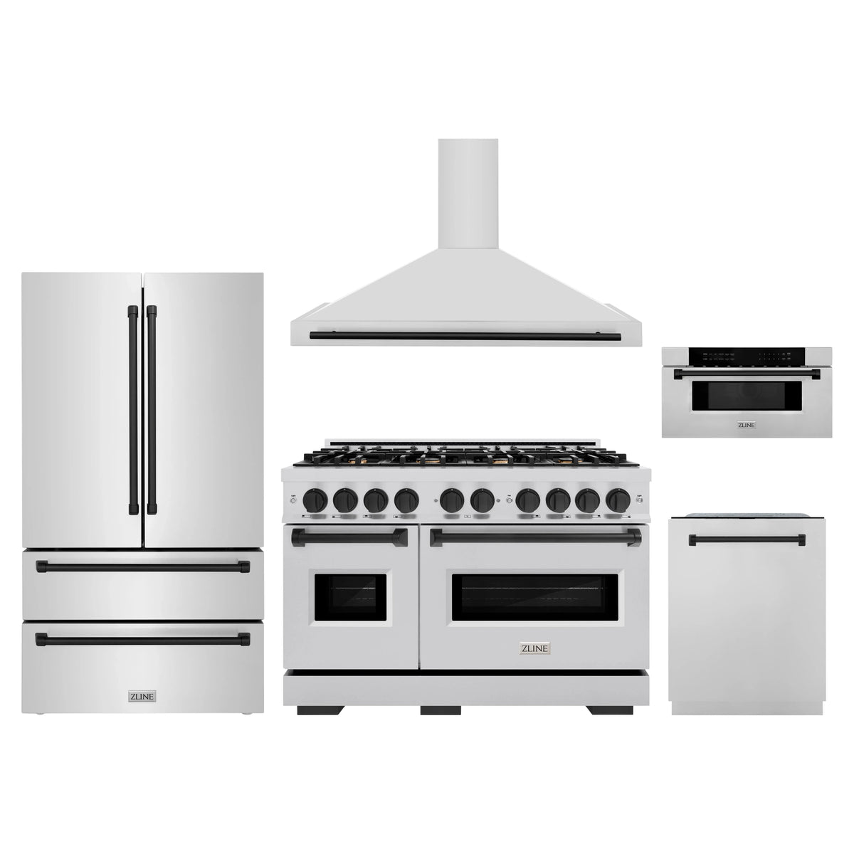 ZLINE 5-Piece Appliance Package - 48-Inch Autograph Edition Dual Fuel Range, Wall Mount Range Hood, 36-Inch French Door Refrigerator, Dishwasher, and 30-Inch Microwave Drawer in Stainless Steel Matte Black Accents