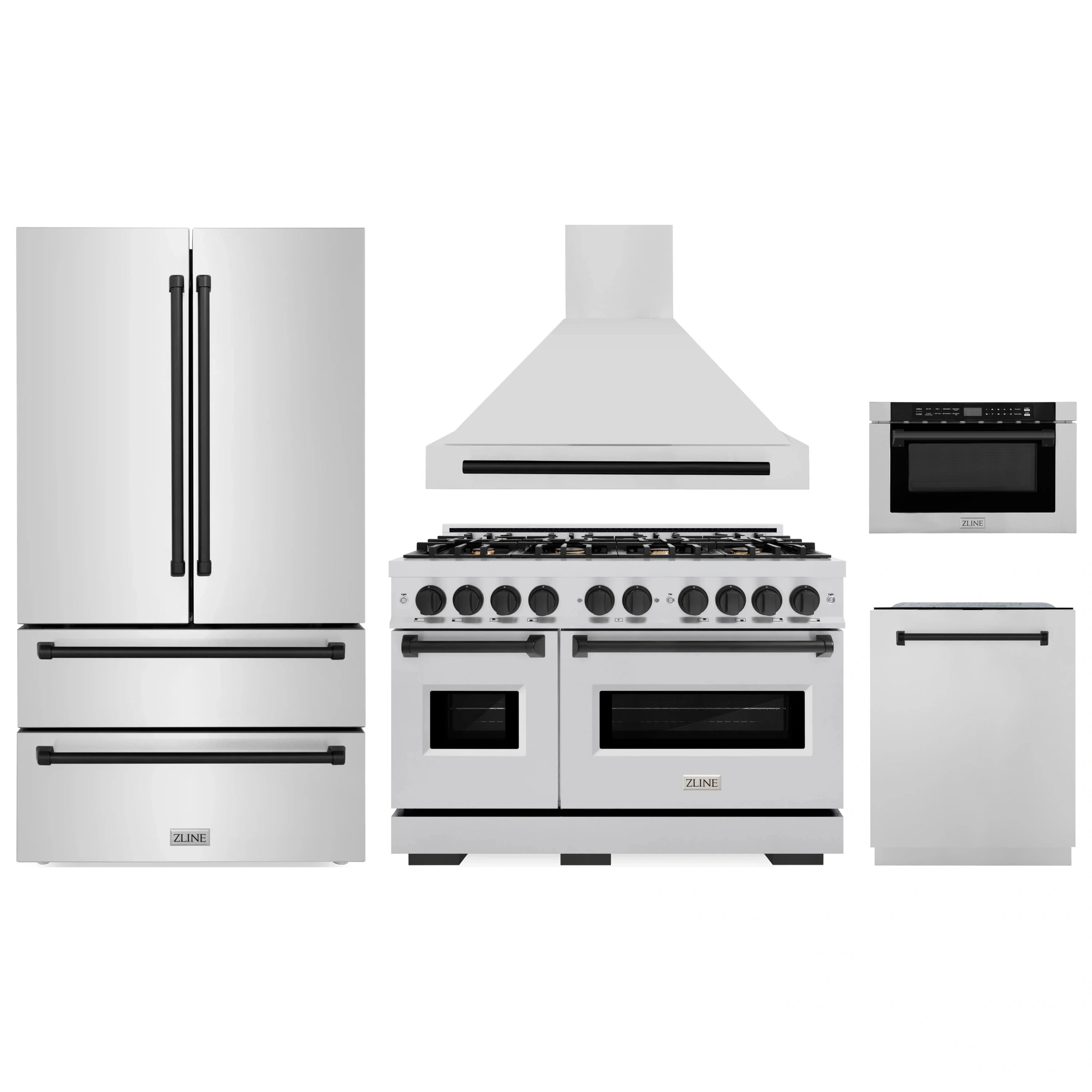 Stainless kitchen appliance set: refrigerator, range, and microwave drawer