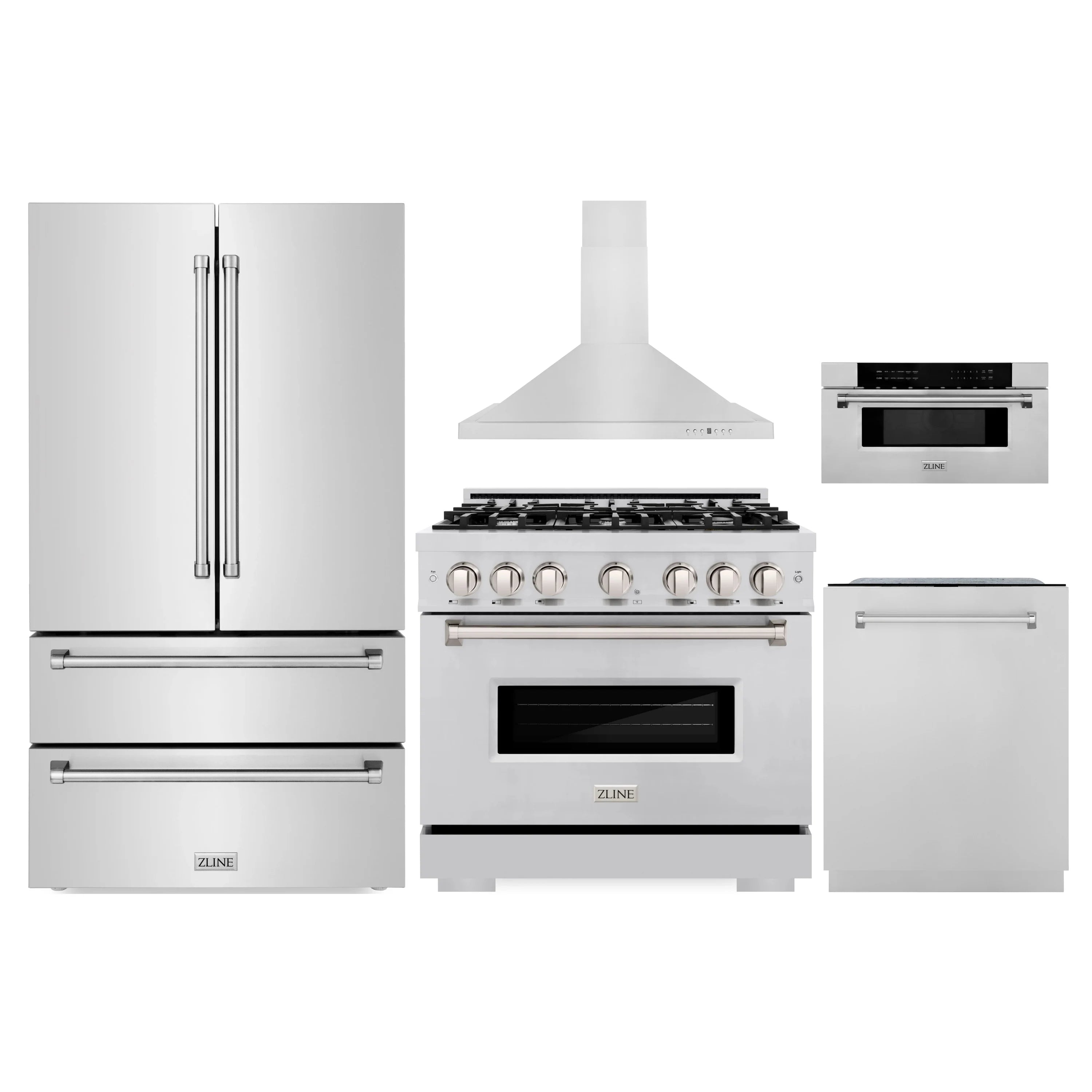 Stainless steel appliance package: refrigerator, range, microwave, dishwasher, hood