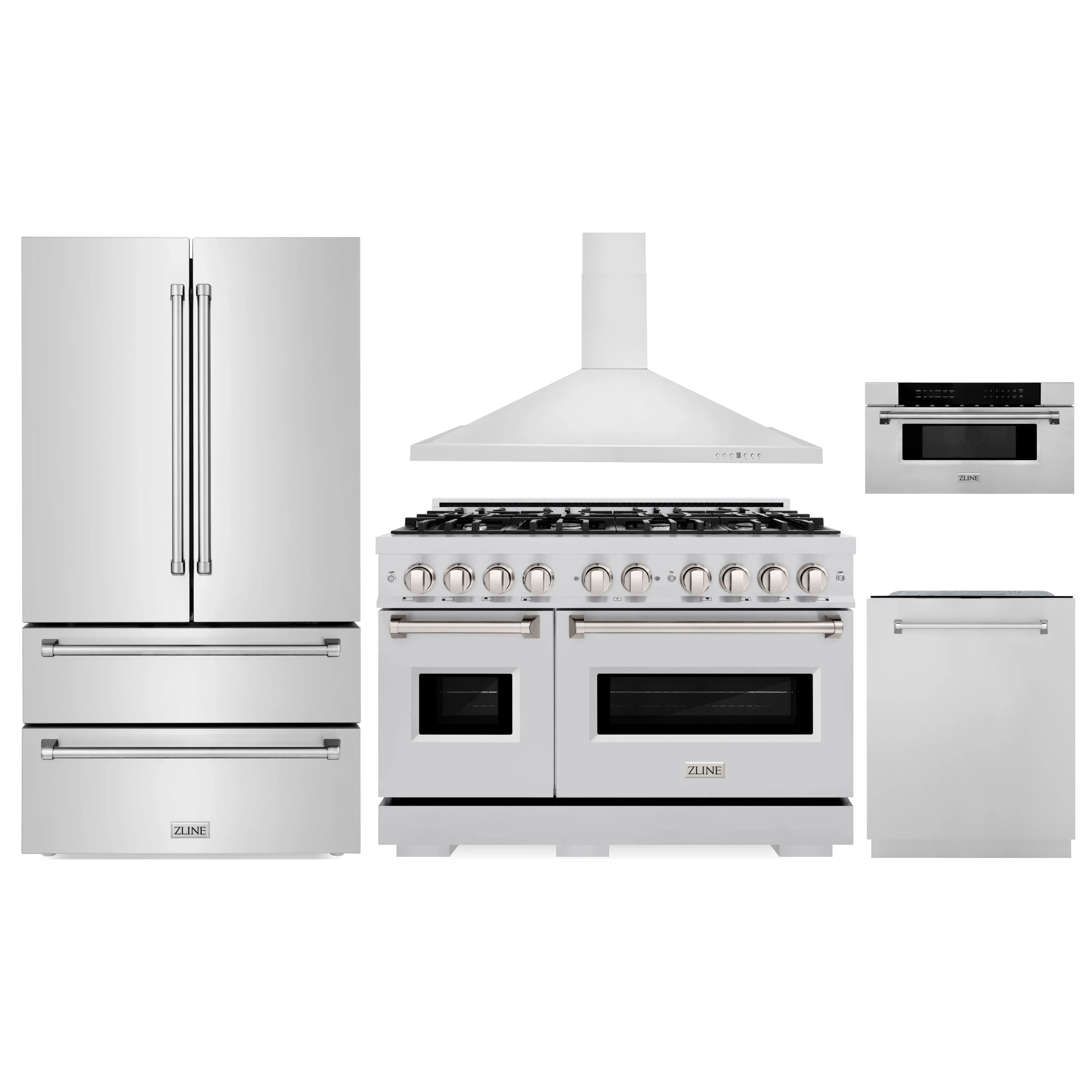 Stainless steel appliance set: refrigerator, gas range with hood, dishwasher and microwave