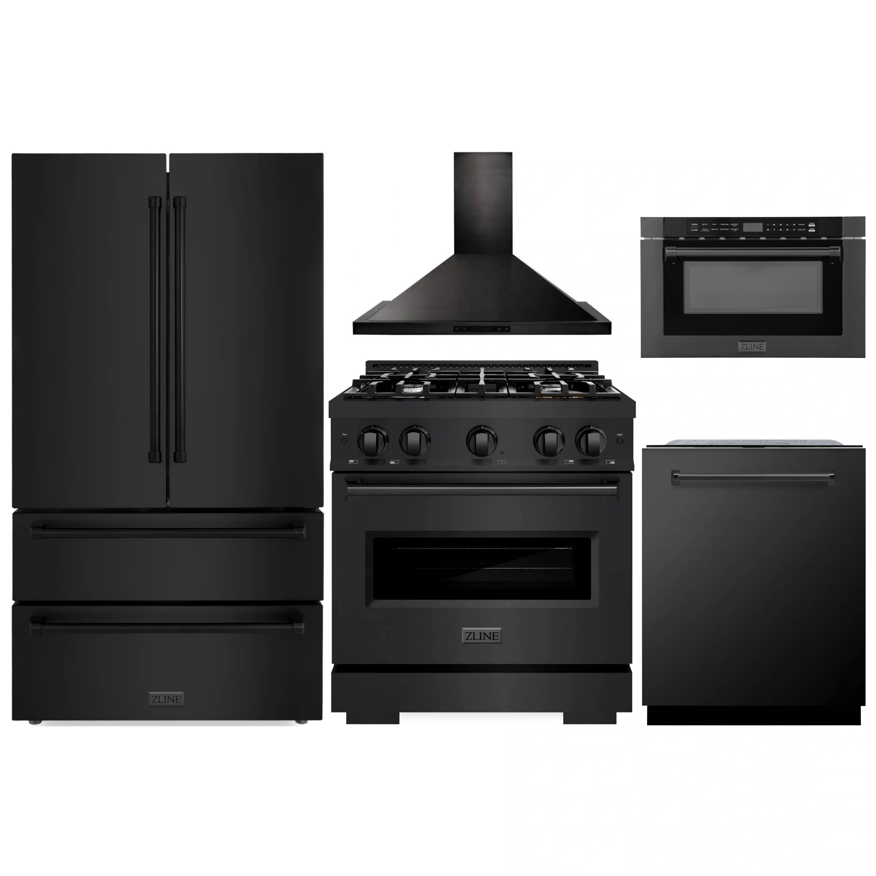 Black stainless kitchen appliance package: refrigerator, gas range, hood, oven, and dishwasher