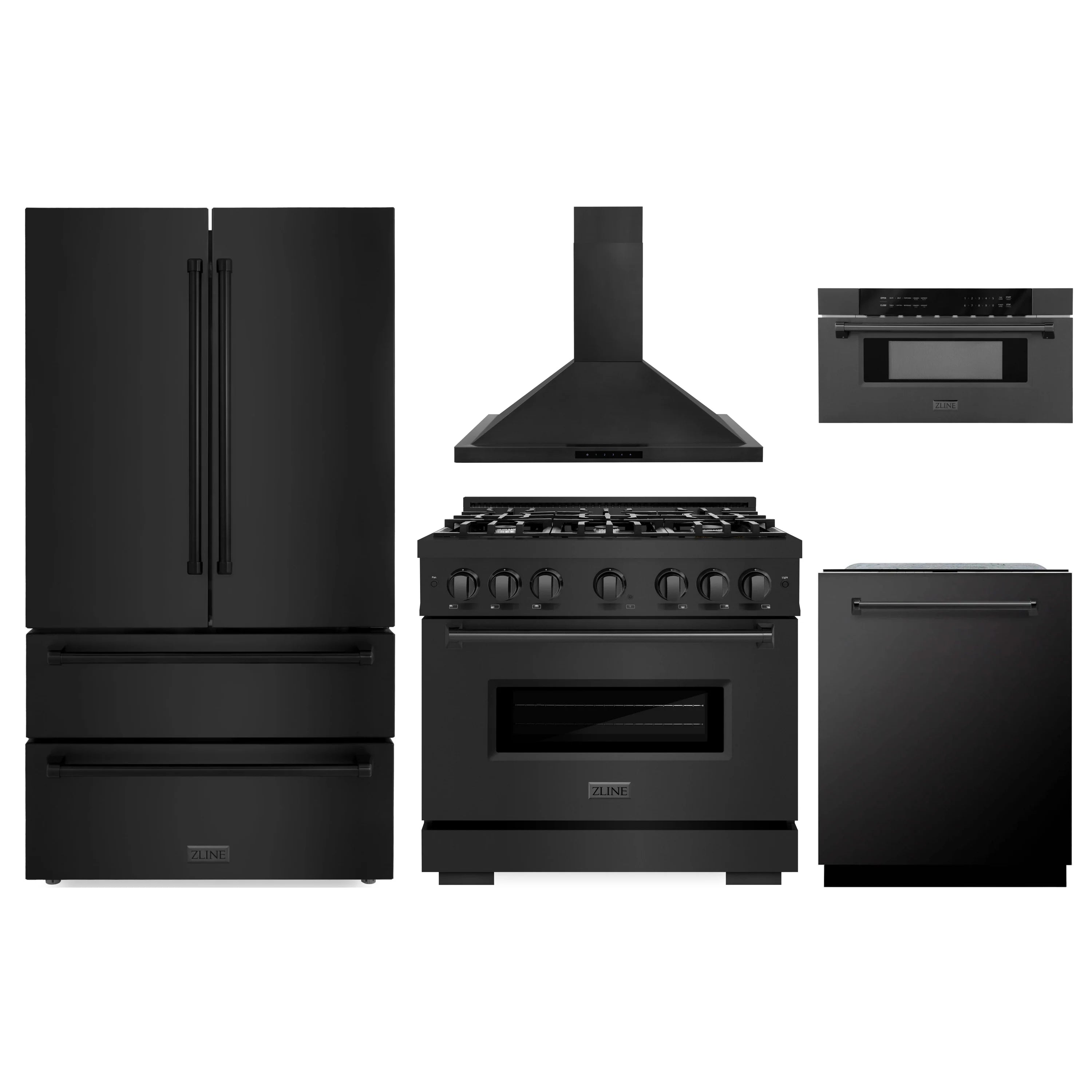 ZLINE 5-piece appliance package: black stainless refrigerator, range, hood, dishwasher, microwave