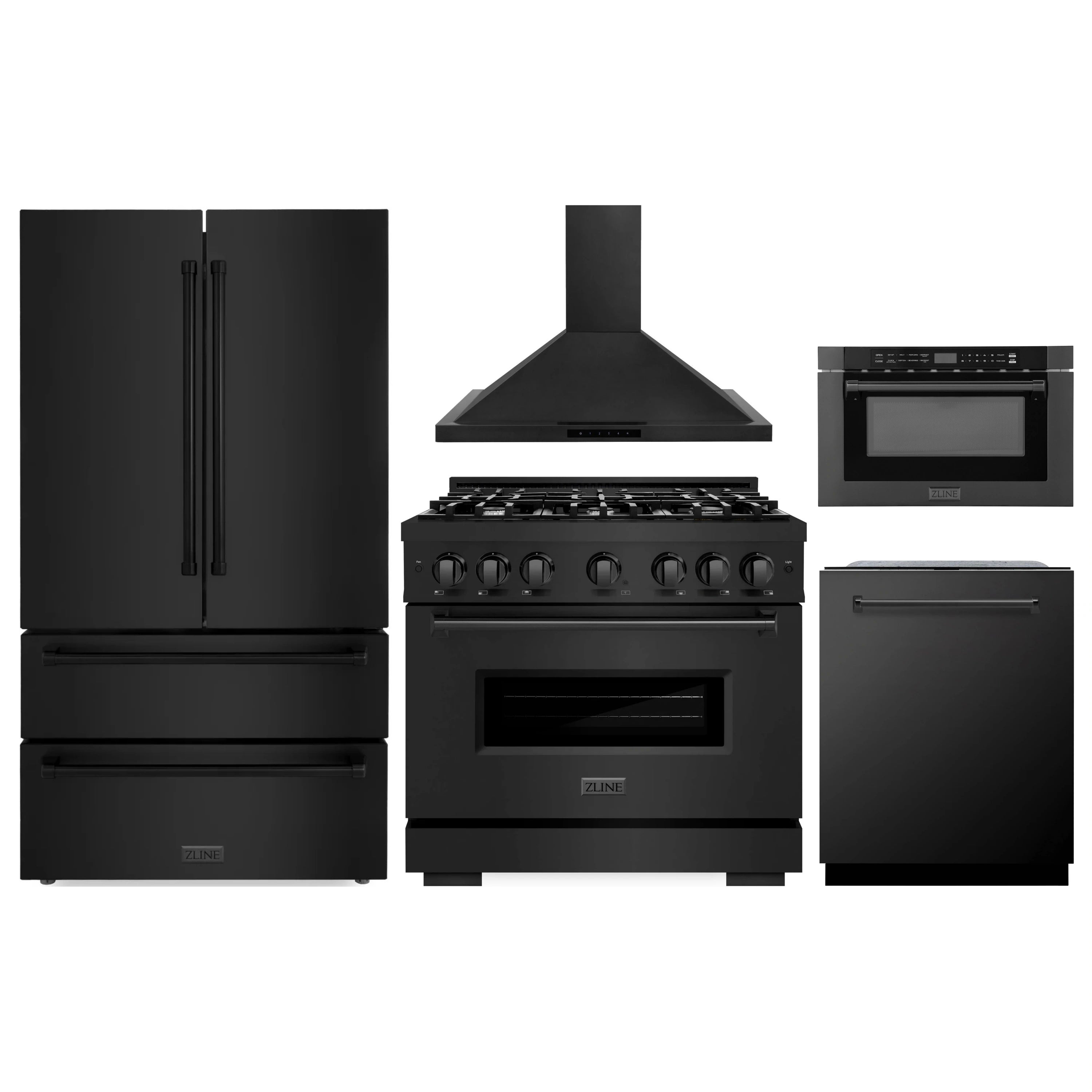 Black stainless ZLINE appliance package: gas range, hood, refrigerator, dishwasher, microwave drawer
