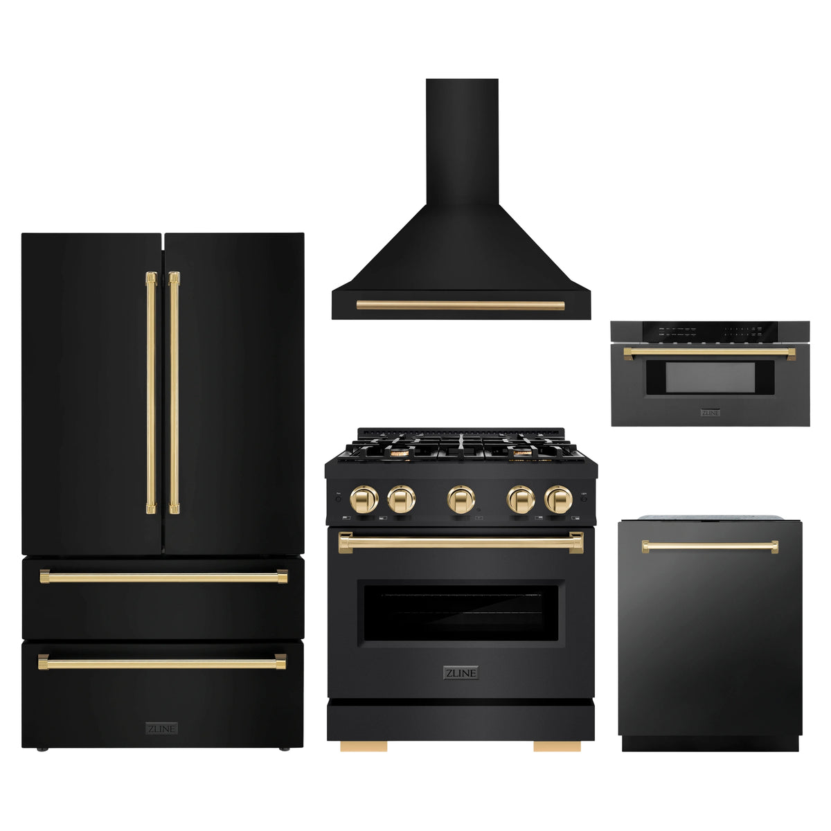 ZLINE 5-Piece Appliance Package - 30-Inch Autograph Edition Gas Range, Wall Mount Range Hood, 36-Inch French Door Refrigerator, Dishwasher, and 30-Inch Microwave Drawer in Black Stainless Steel with Gold Accents