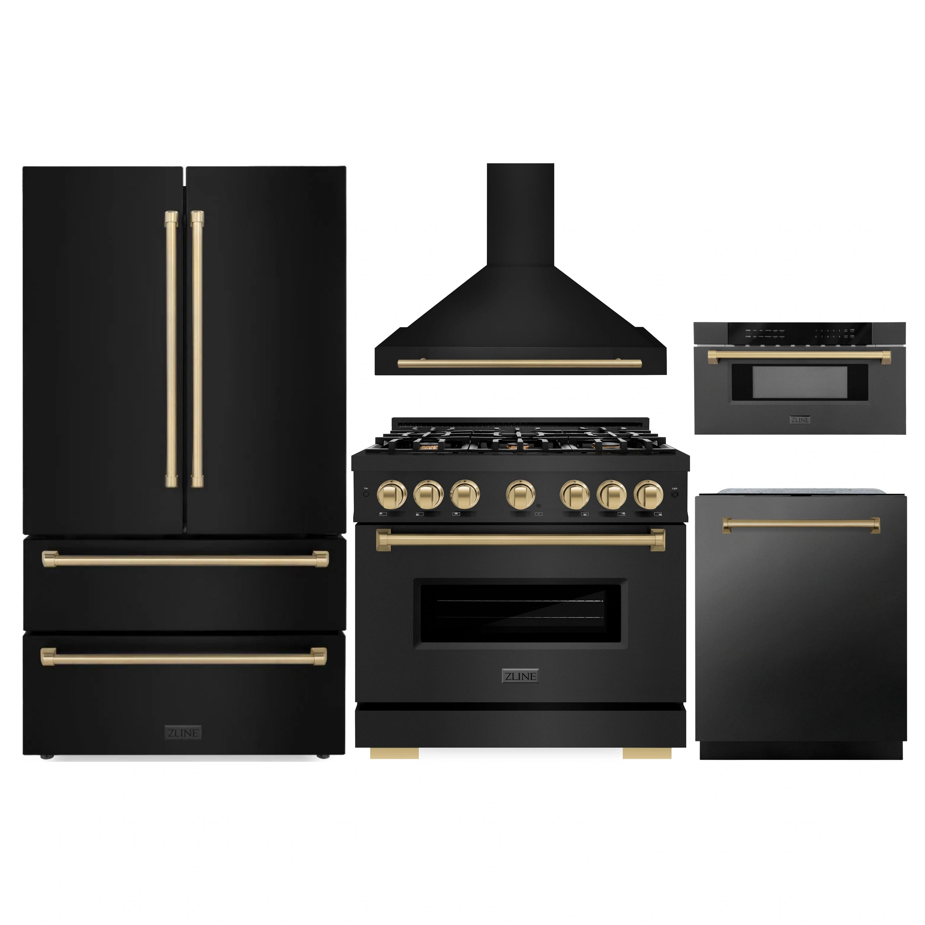 Five-piece black stainless appliance set with champagne bronze accents, ZLINE