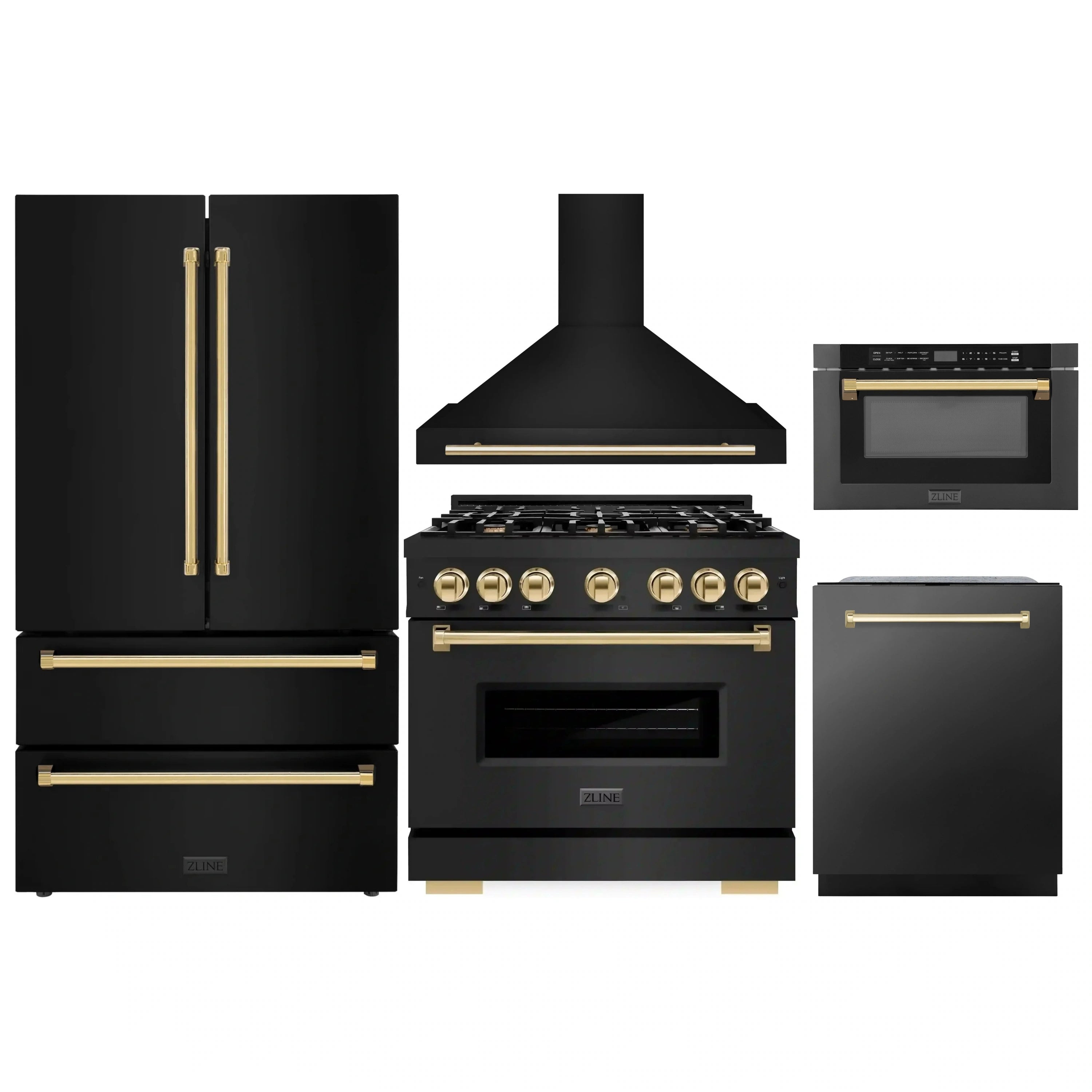 ZLINE black appliance package with gold accents: range, hood, refrigerator, dishwasher, microwave