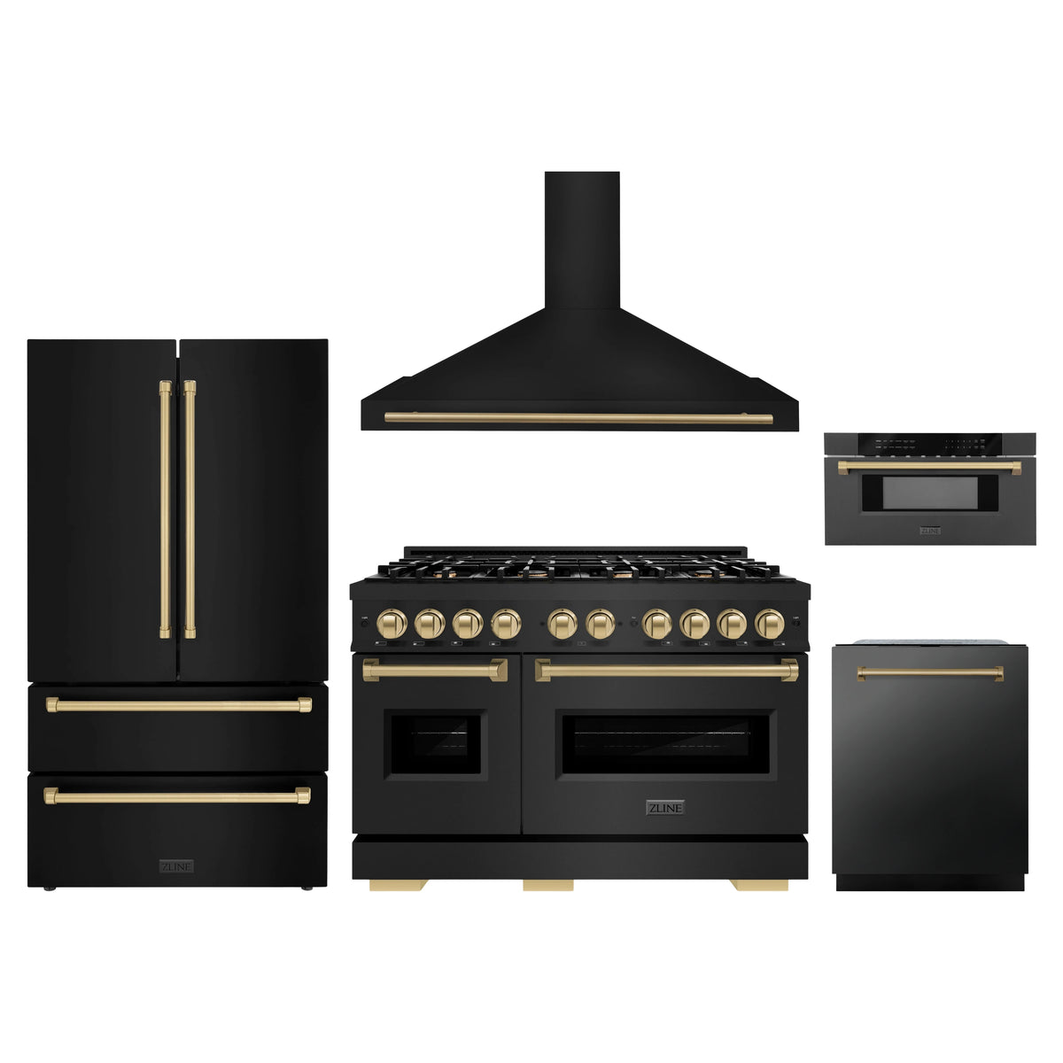 ZLINE 5-Piece Appliance Package - 48-Inch Autograph Edition Gas Range, Wall Mount Range Hood, 36-Inch French Door Refrigerator, Dishwasher, and 30-Inch Microwave Drawer in Black Stainless Steel with Champagne Bronze Accents