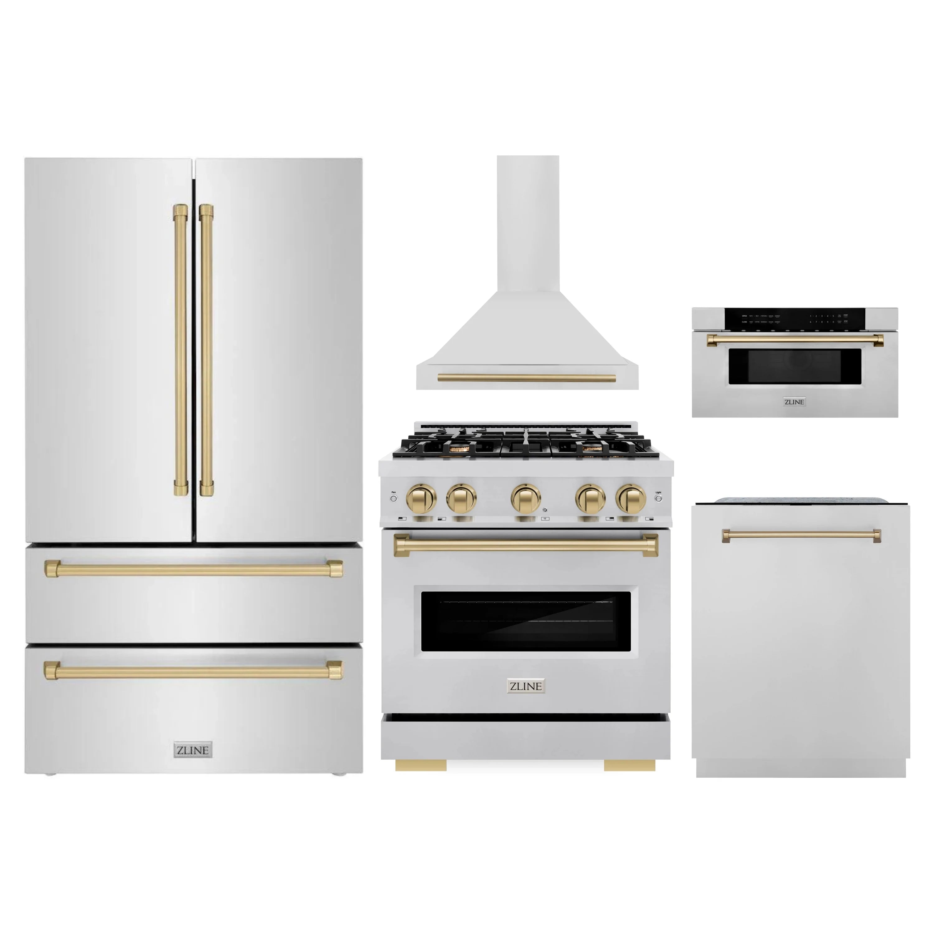 5-piece stainless appliance set with champagne bronze accents: range, hood, microwave, fridge