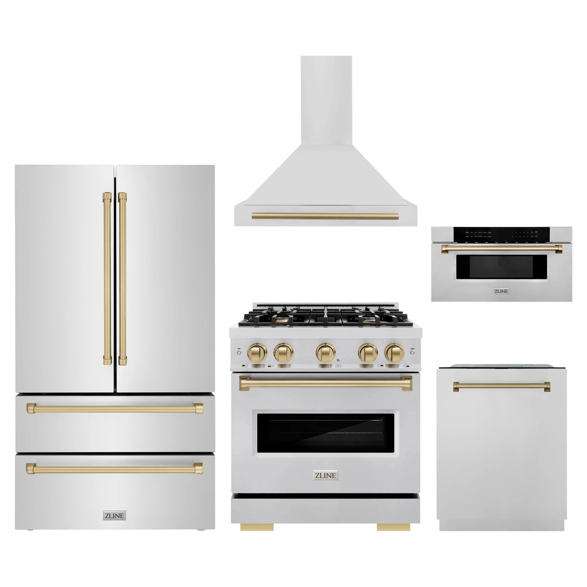 ZLINE 5-Piece Appliance Package - 30-Inch Autograph Edition Gas Range, Wall Mount Range Hood, 36-Inch French Door Refrigerator, Dishwasher, and 30-Inch Microwave Drawer in Stainless Steel with Champagne Bronze Accents