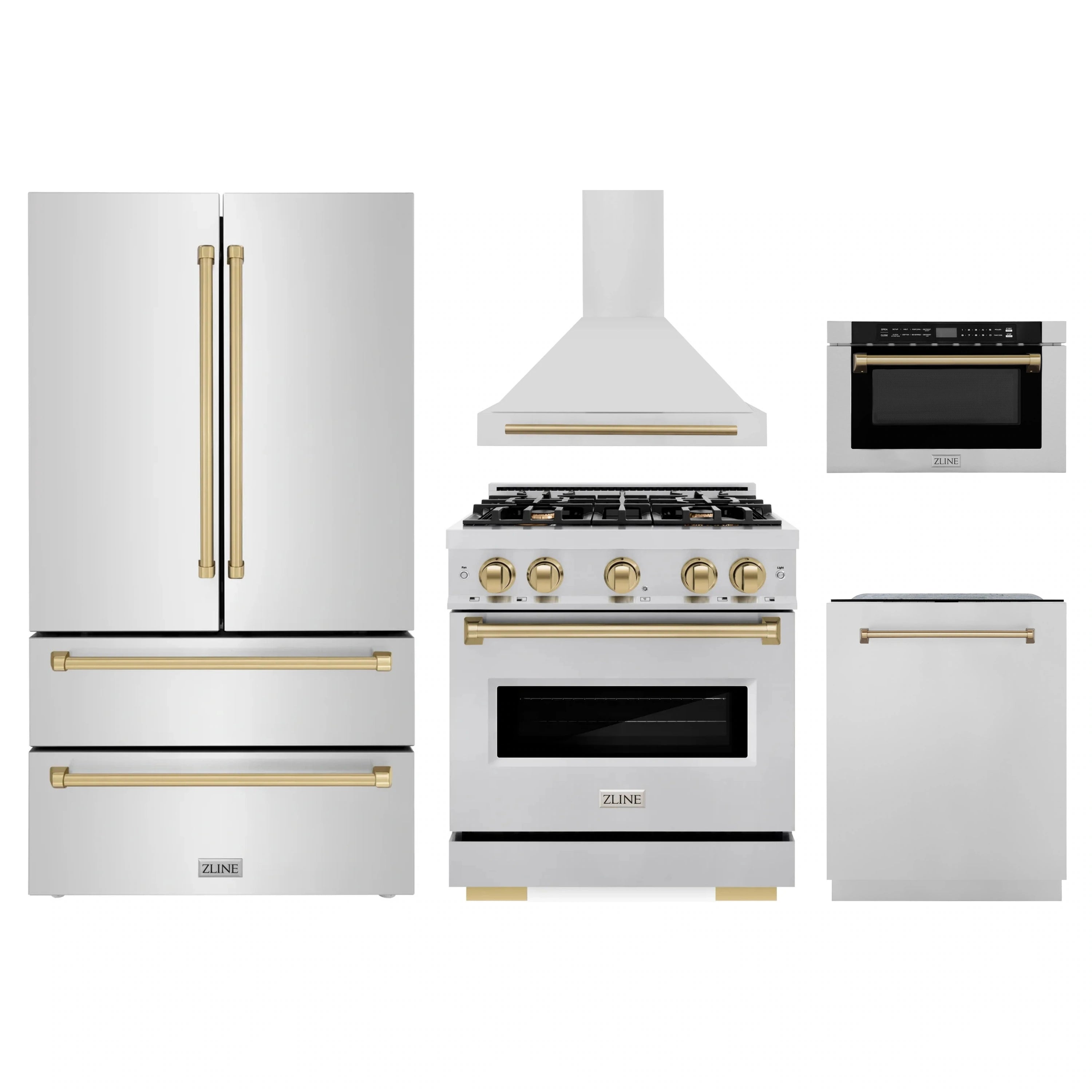Stainless steel kitchen appliance set with champagne bronze accents