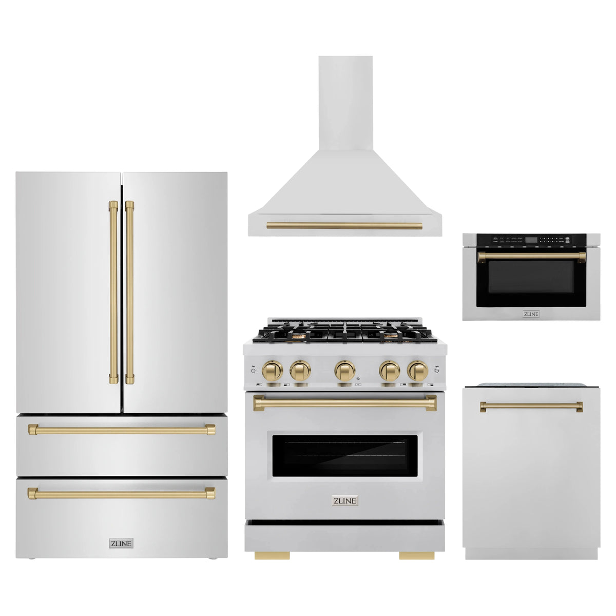 ZLINE 5-Piece Appliance Package - 30-Inch Gas Range, Hood, Refrigerator, Dishwasher, and Microwave Drawer in Stainless Steel with Champagne Bronze Accents