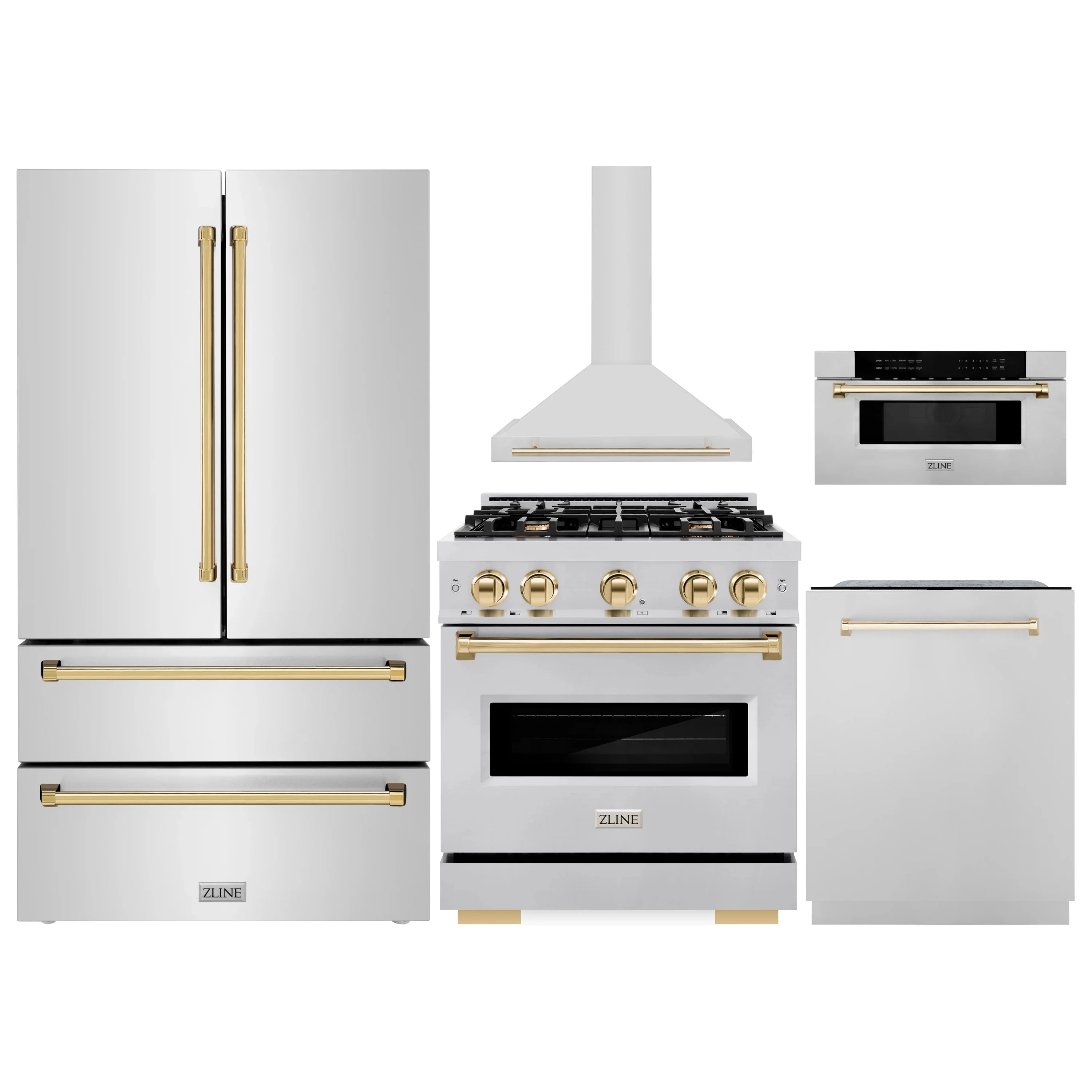 Stainless kitchen appliance package set with French-door refrigerator, gas range, and hood