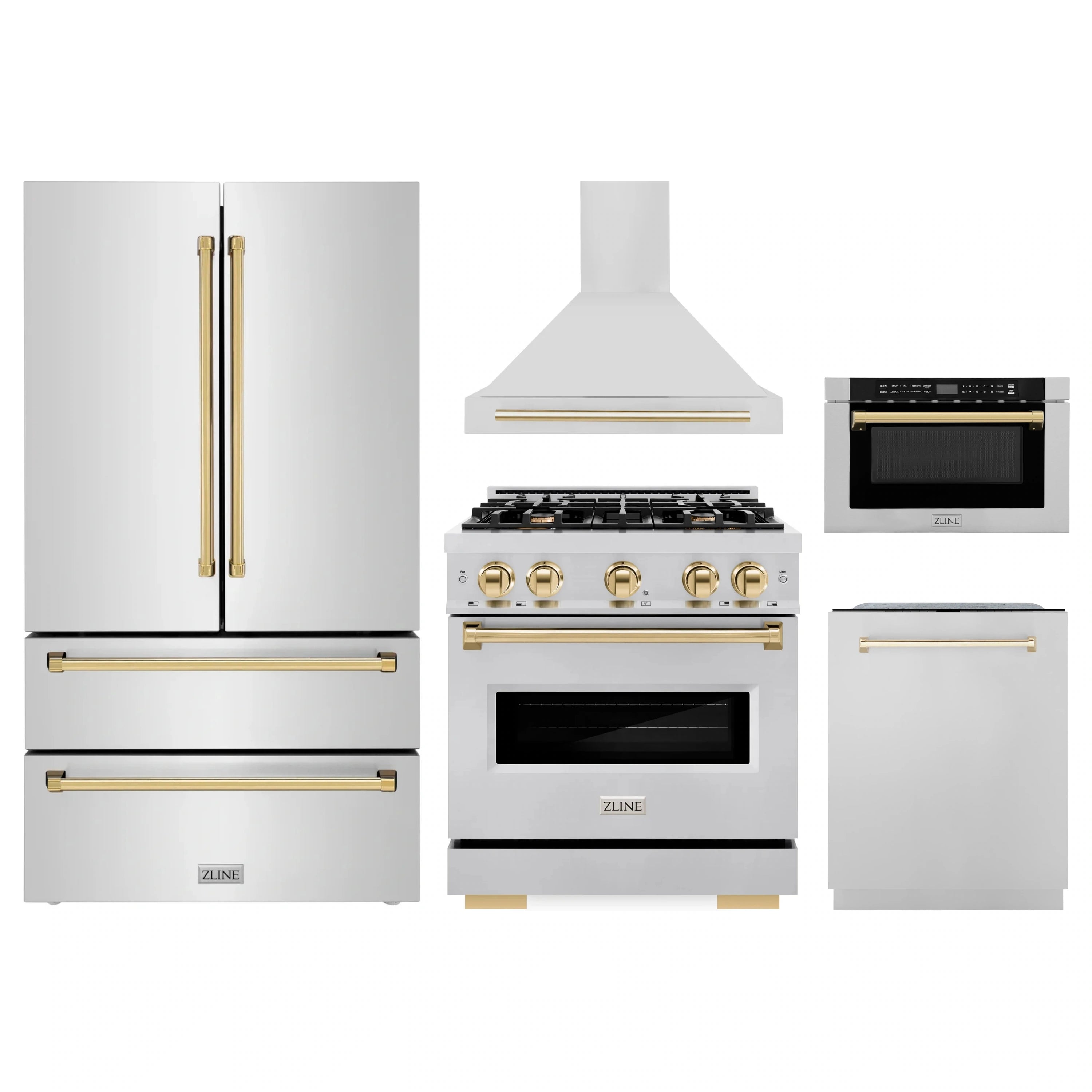 Stainless steel appliance set with gold accents: range, hood, microwave, refrigerator