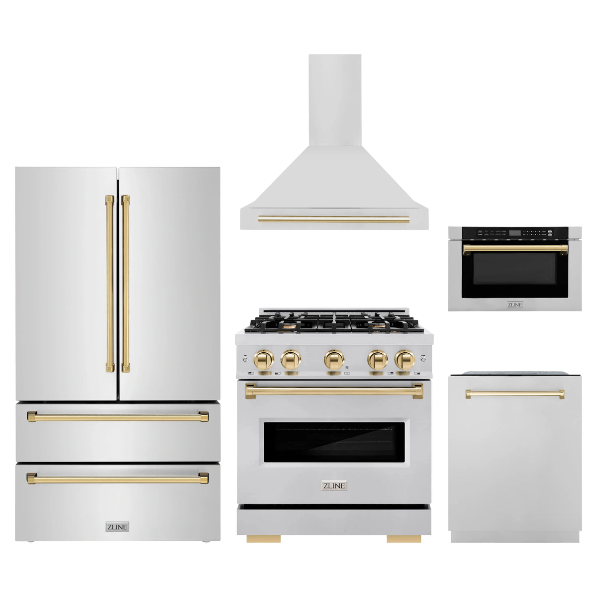 ZLINE 5-Piece Appliance Package - 30-Inch Gas Range, Hood, Refrigerator, Dishwasher, and Microwave Drawer in Stainless Steel with Gold Accents