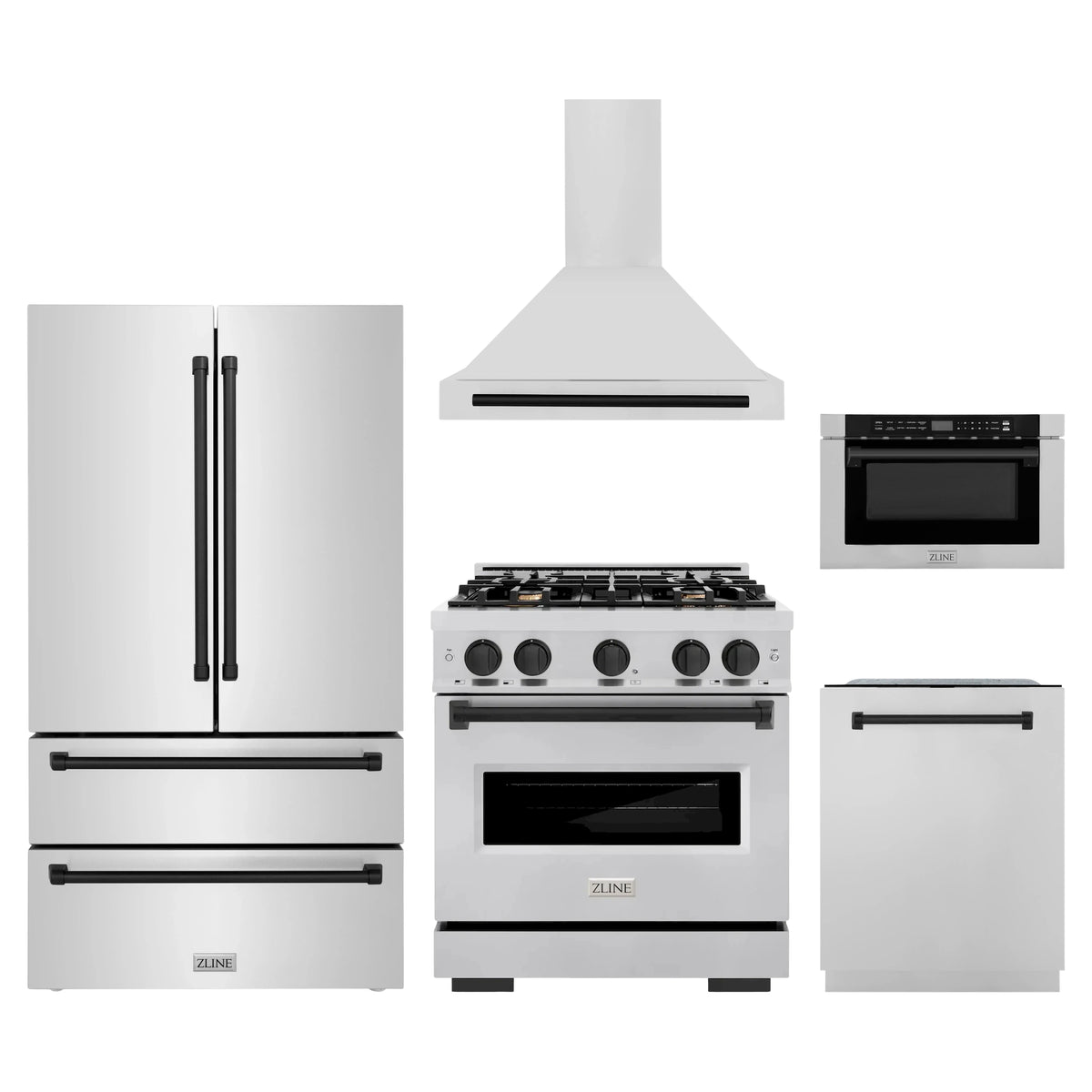 ZLINE 5-Piece Appliance Package - 30-Inch Gas Range, Hood, Refrigerator, Dishwasher, and Microwave Drawer in Stainless Steel with Matte Black Accents