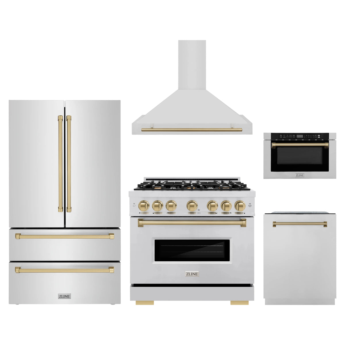 ZLINE 5-Piece Appliance Package - 36-Inch Gas Range, Hood, Refrigerator, Dishwasher, and Microwave Drawer in Stainless Steel with Champagne Bronze Accents