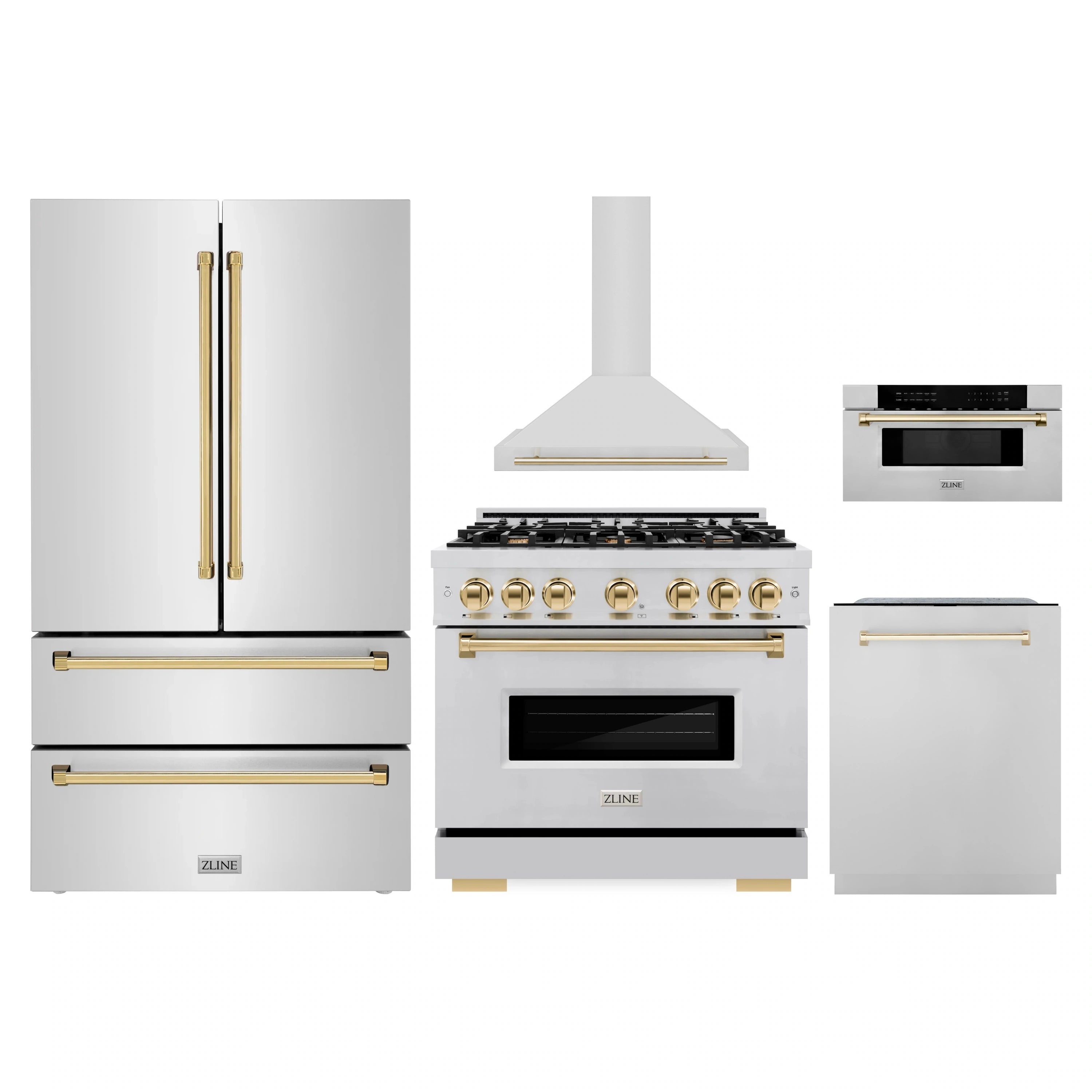 Stainless steel kitchen appliance set featuring range, hood, refrigerator, and dishwasher
