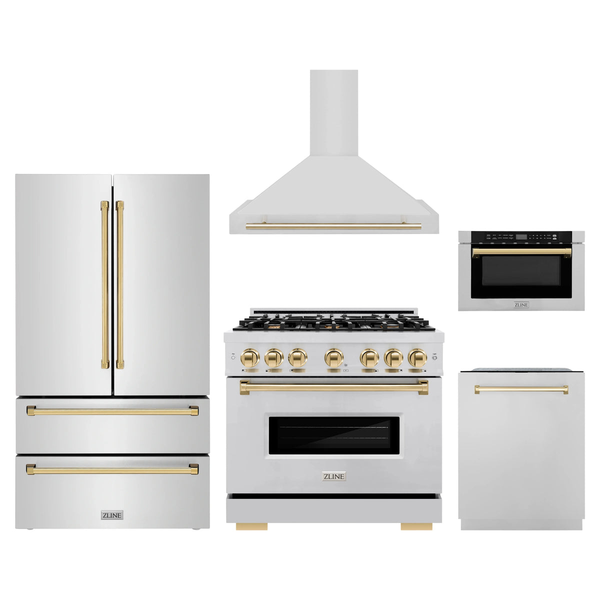ZLINE 5-Piece Appliance Package - 36-Inch Gas Range, Hood, Refrigerator, Dishwasher, and Microwave Drawer in Stainless Steel with Gold Accents