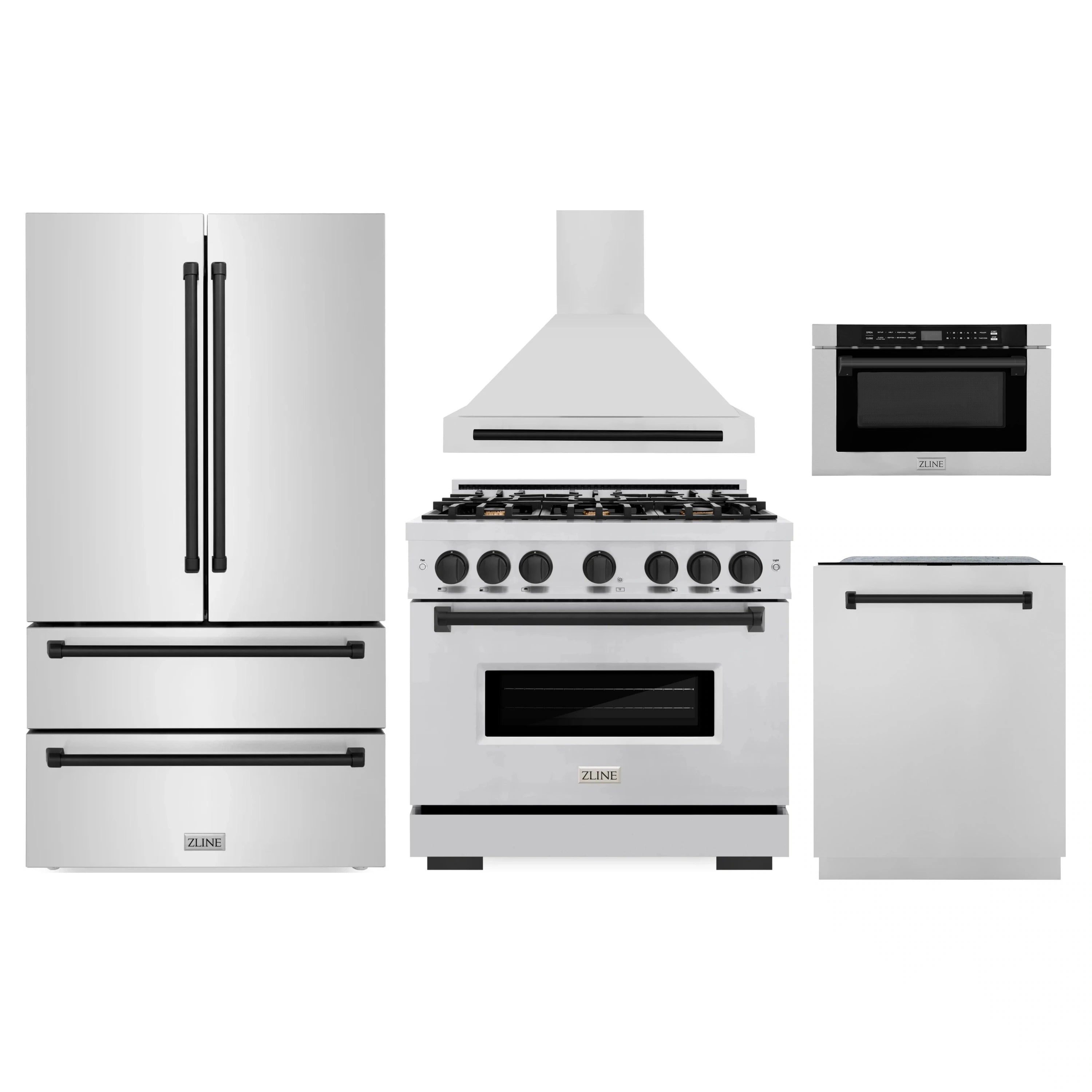Stainless steel appliance set featuring gas range, refrigerator, and microwave drawer