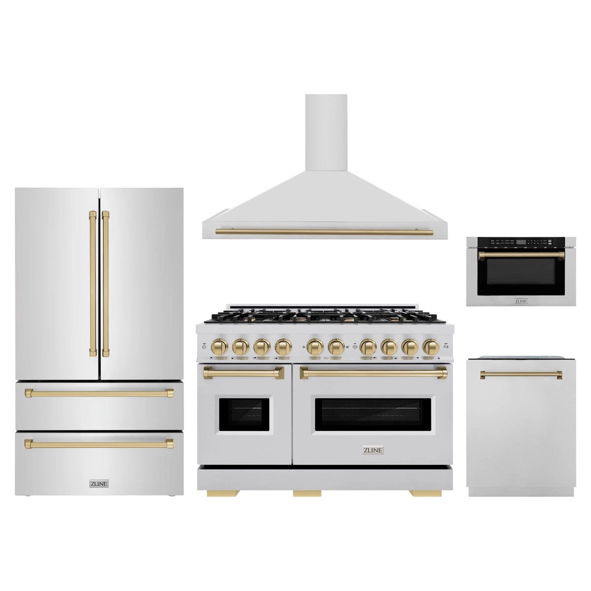 ZLINE 5-Piece Appliance Package - 48-Inch Gas Range, Hood, Refrigerator, Dishwasher, and Microwave Drawer in Stainless Steel with Champagne Bronze Accents
