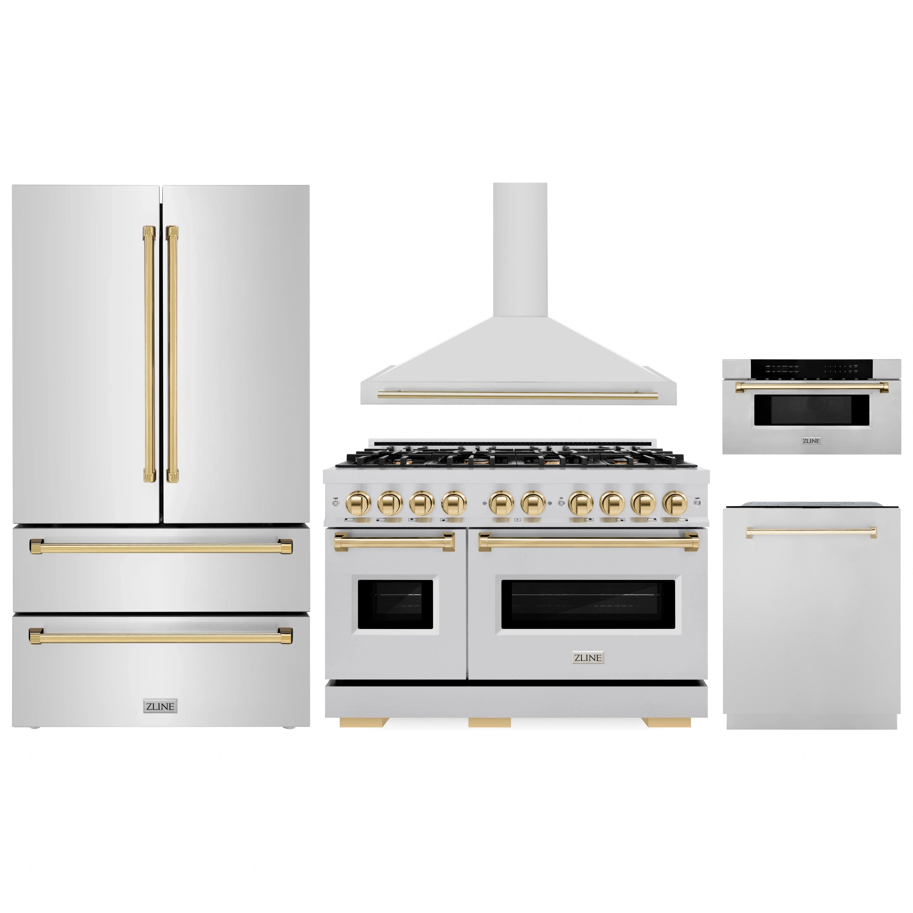 Stainless appliance set with gold-accent doors, range knobs, and wall hood