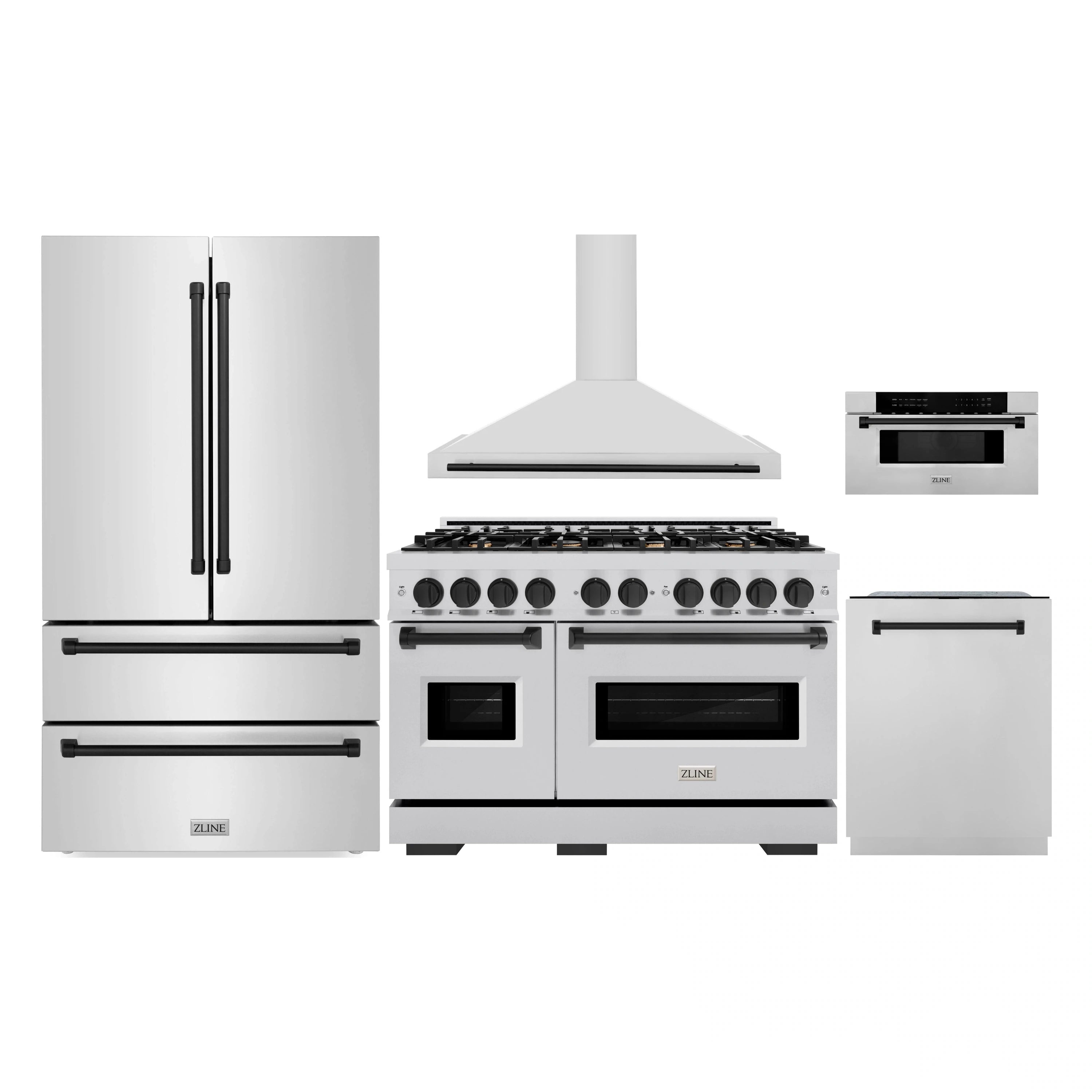 Stainless steel appliance set with black-accent gas range, refrigerator, hood, and microwave