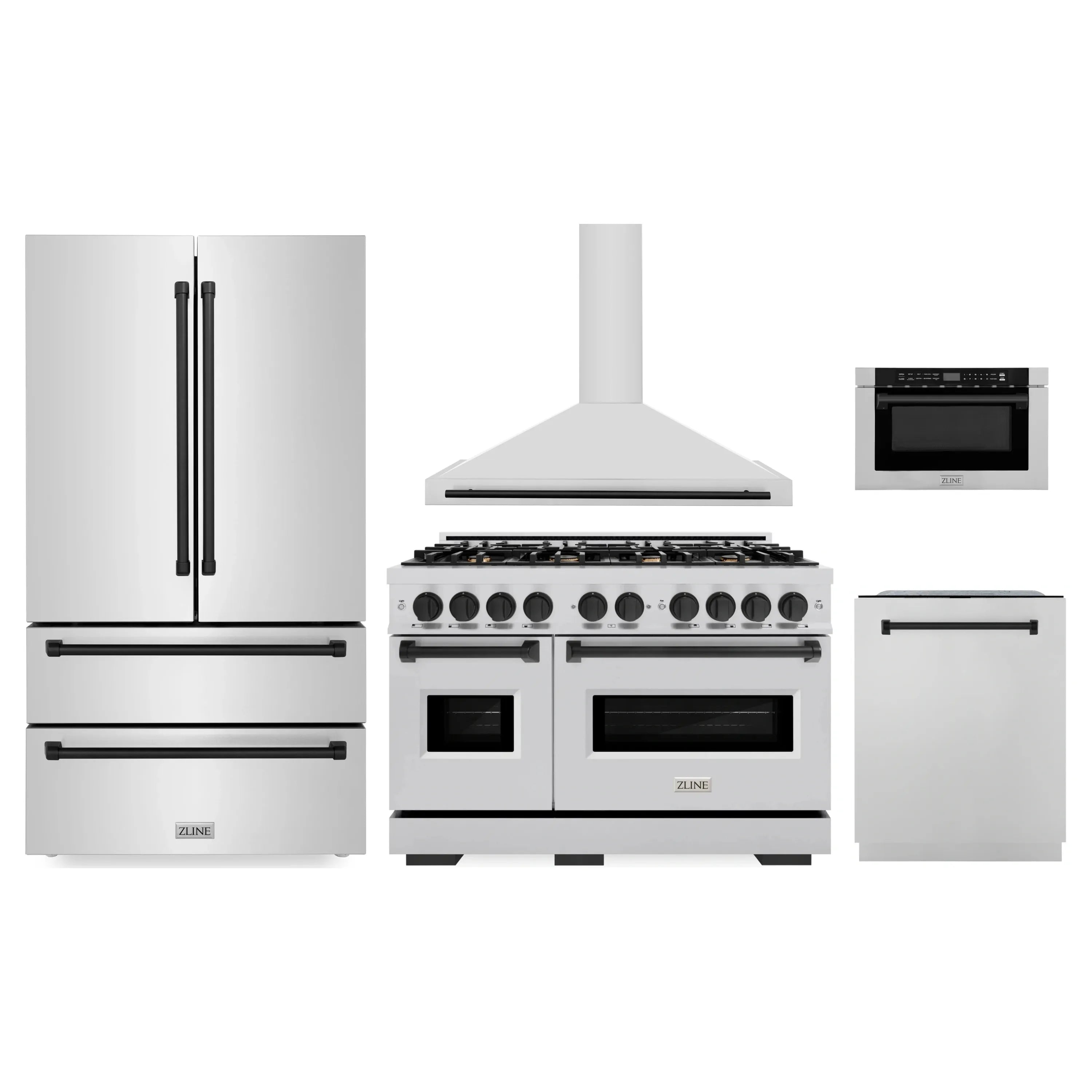 5-piece kitchen appliance set featuring gas range, chimney hood, and microwave drawer