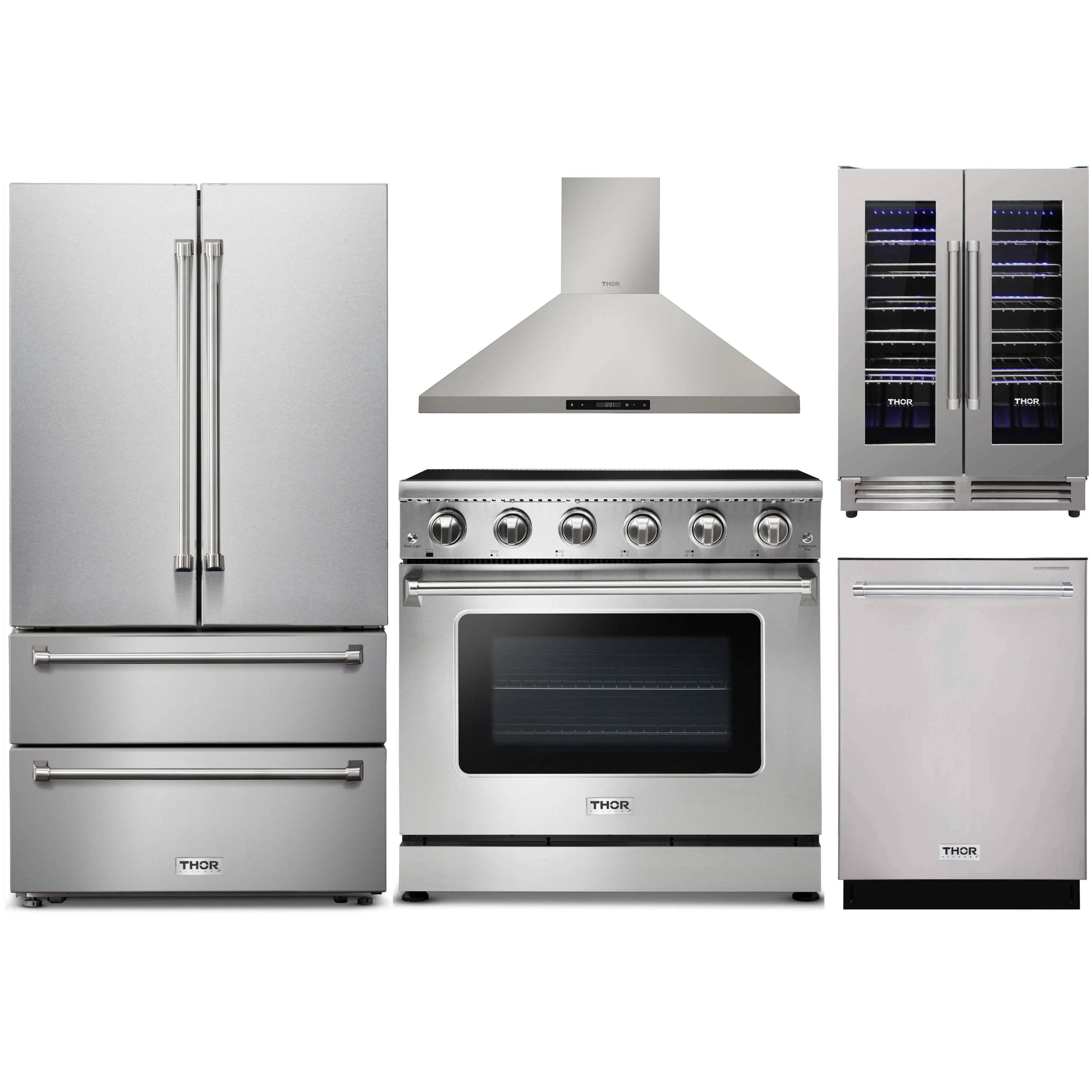 Stainless steel appliance set: French-door fridge, electric range, hood, and wine cooler