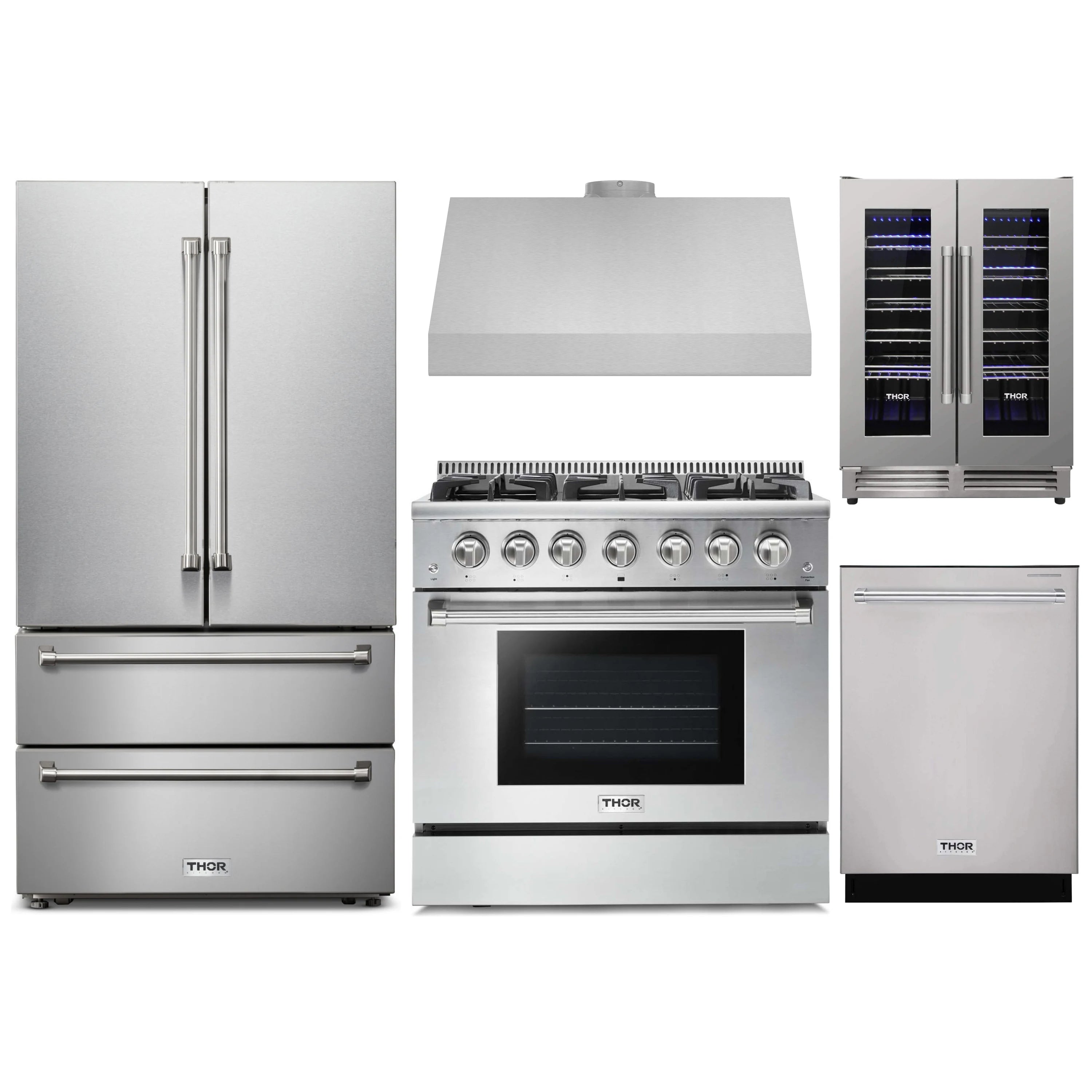 Stainless steel appliance set with refrigerator, gas range, range hood, and wine cooler