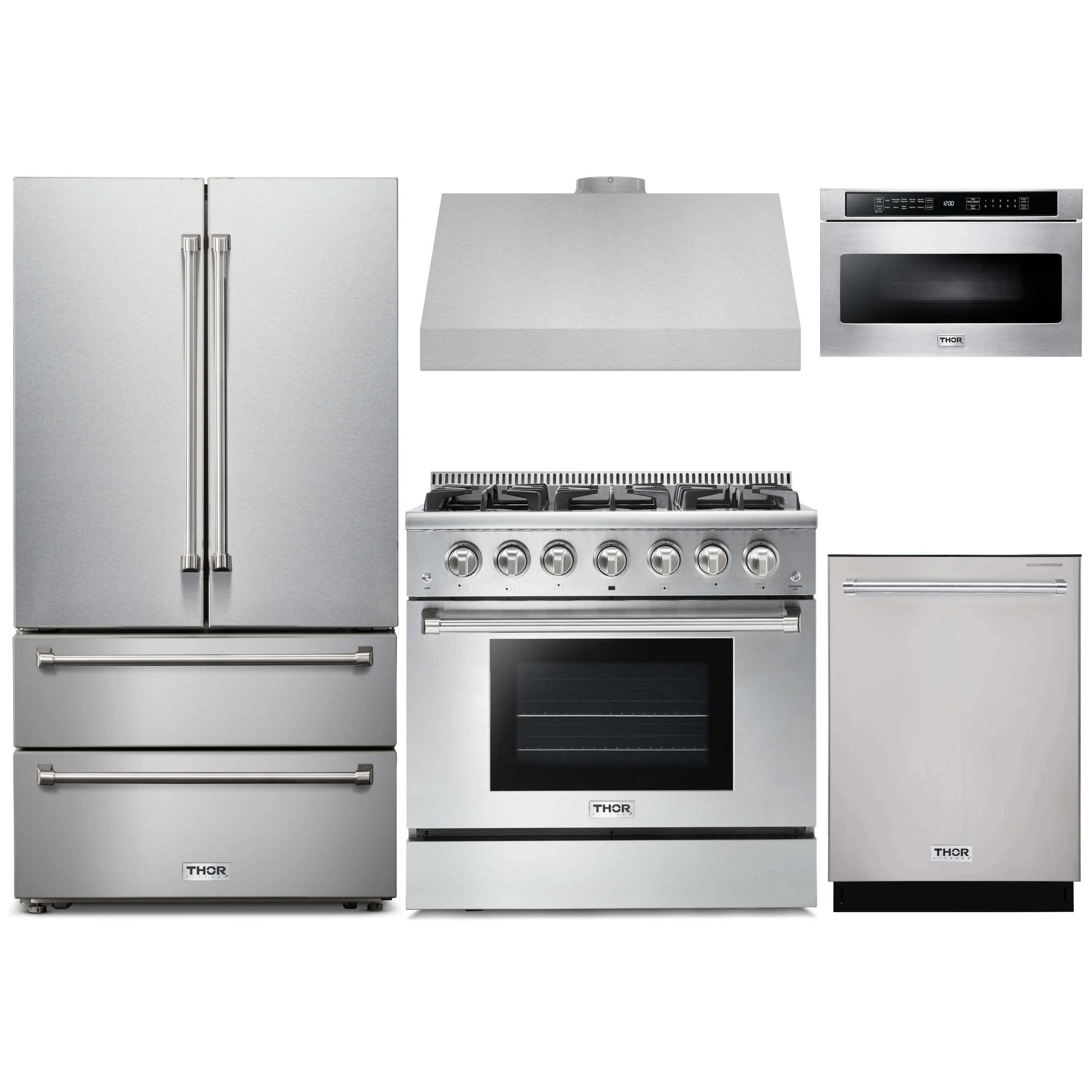 Stainless steel kitchen appliance set: refrigerator, gas range, and dishwasher