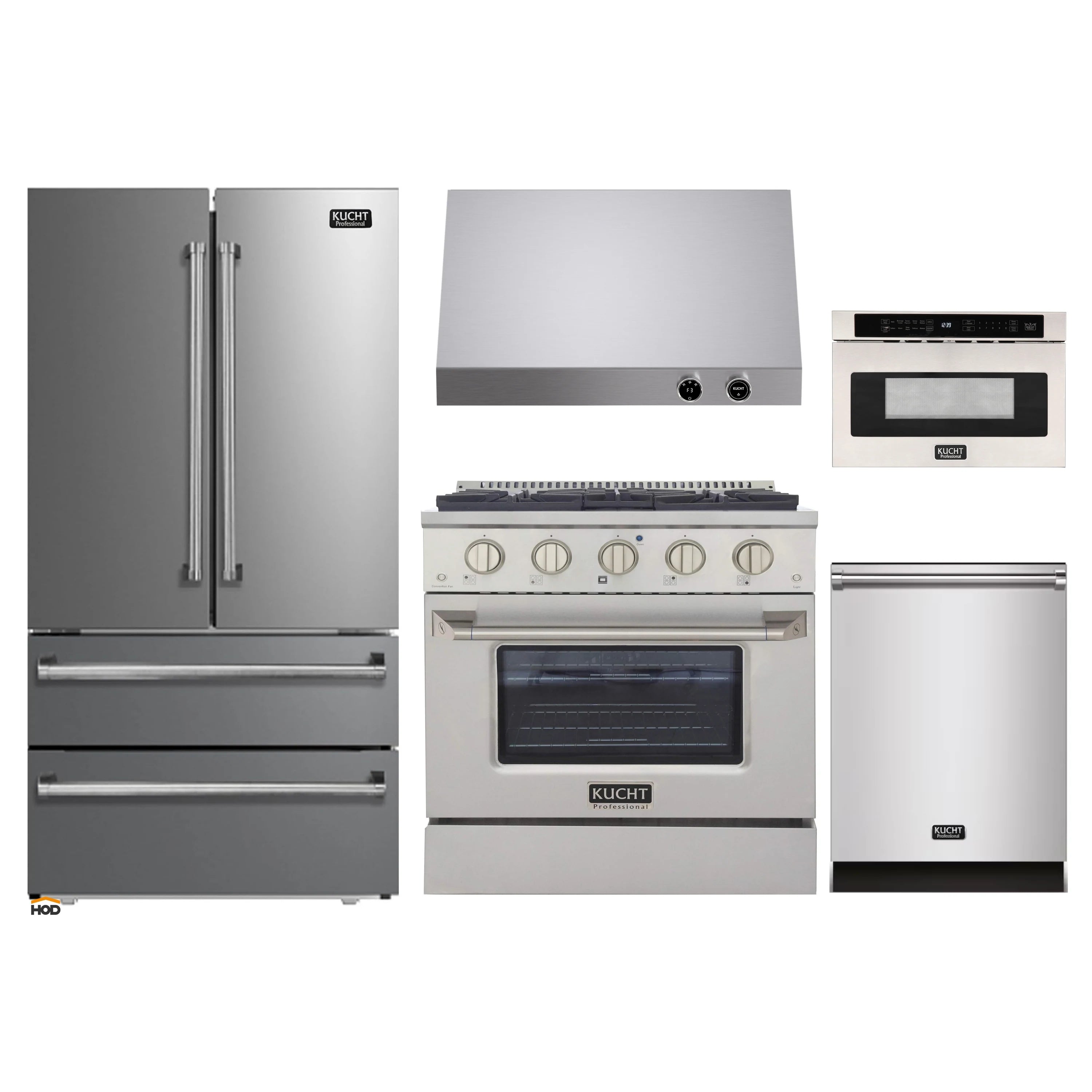 Stainless steel Kucht appliance bundle with refrigerator, range, hood and dishwasher