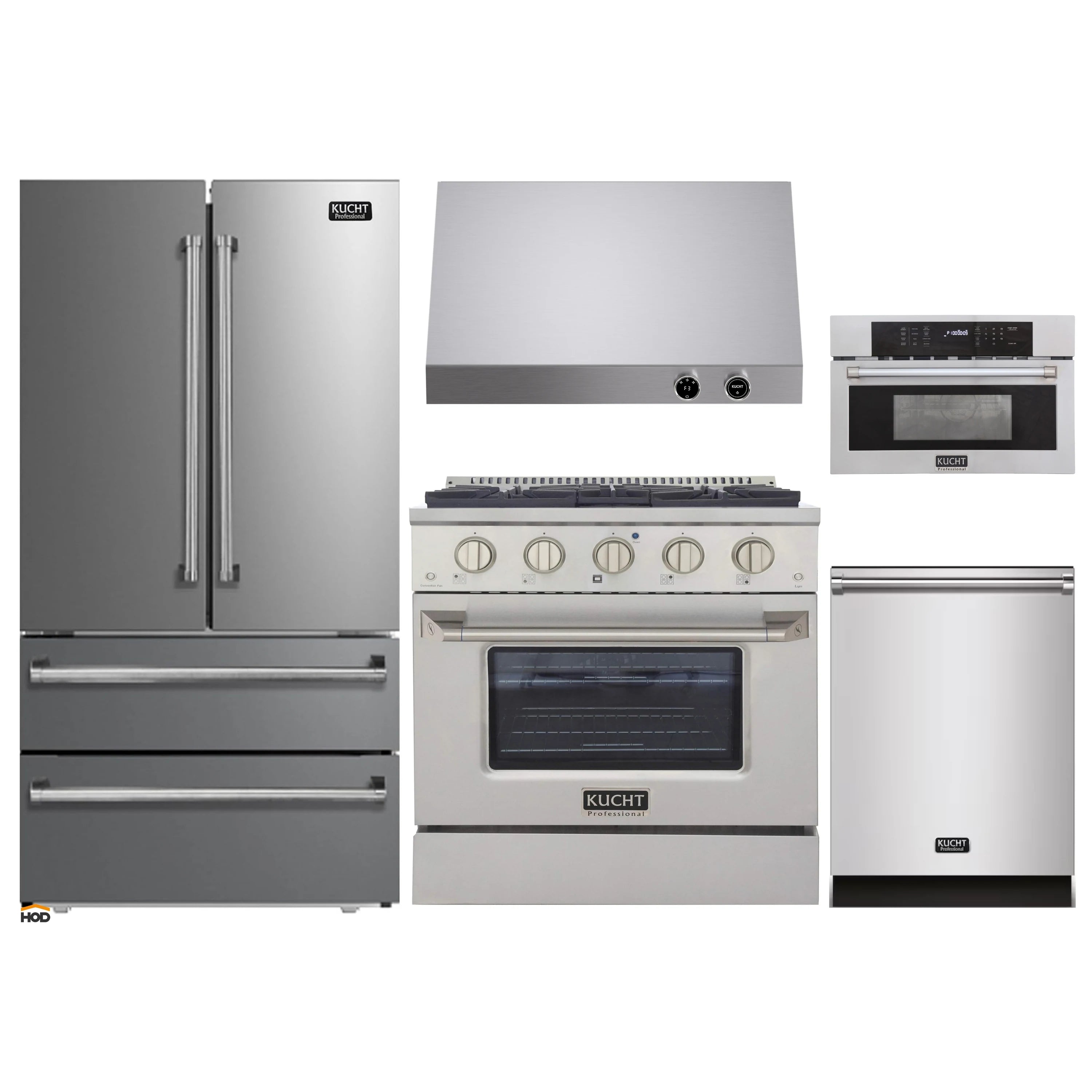 Stainless Kucht appliance package with refrigerator, dual fuel range, and wall oven