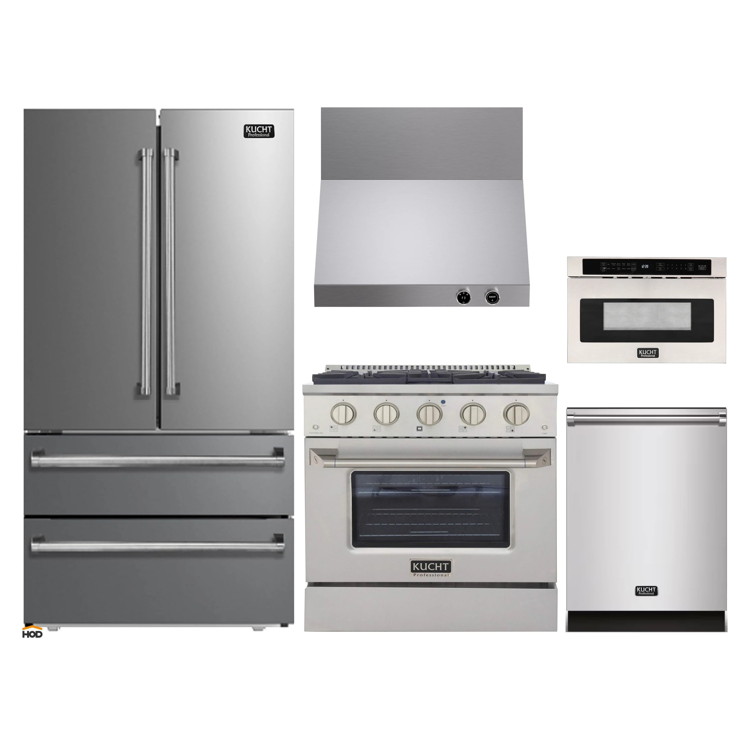 Stainless steel KUCHT kitchen appliance package with refrigerator, range, hood, and more