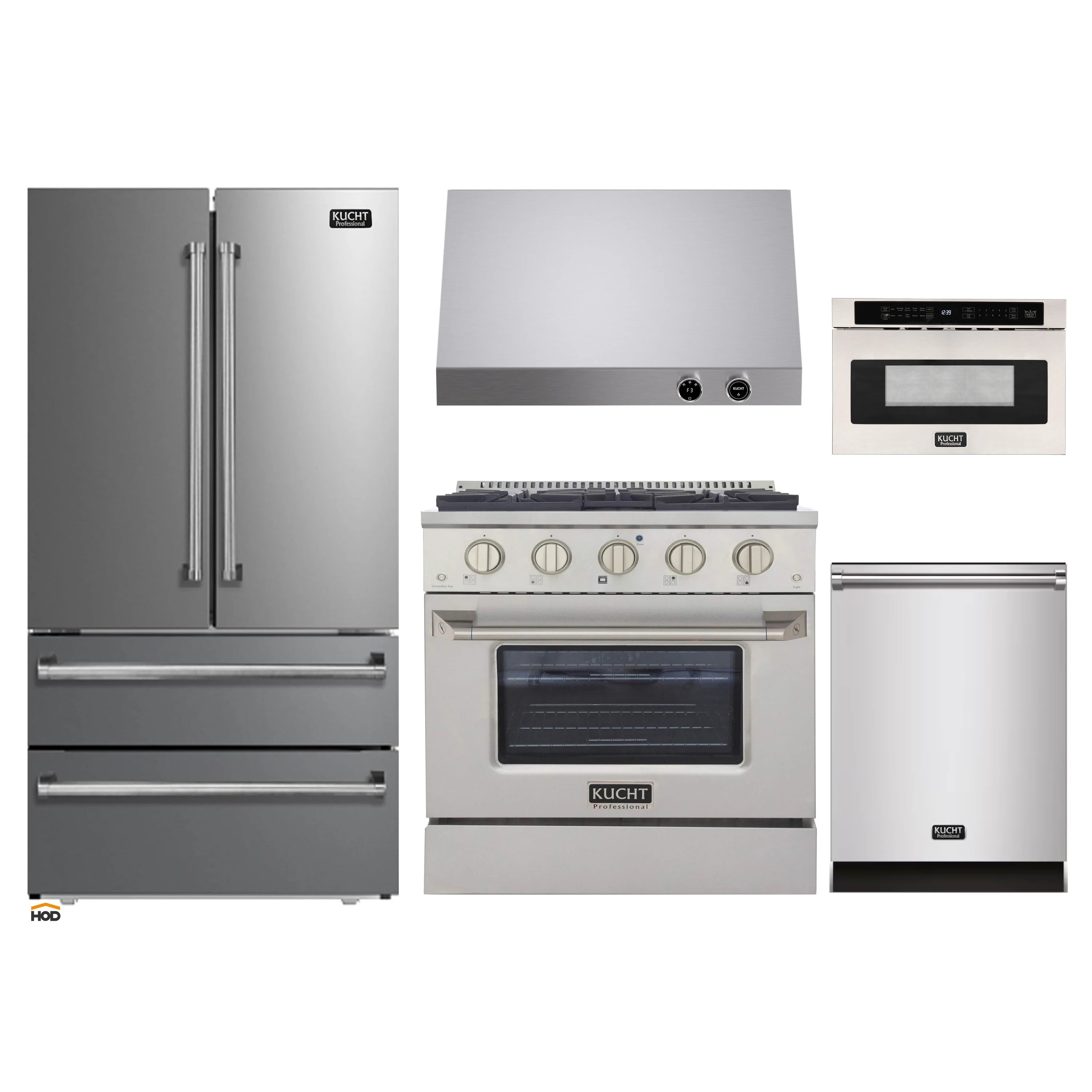 Stainless steel appliance set: refrigerator, range, dishwasher, hood, microwave drawer