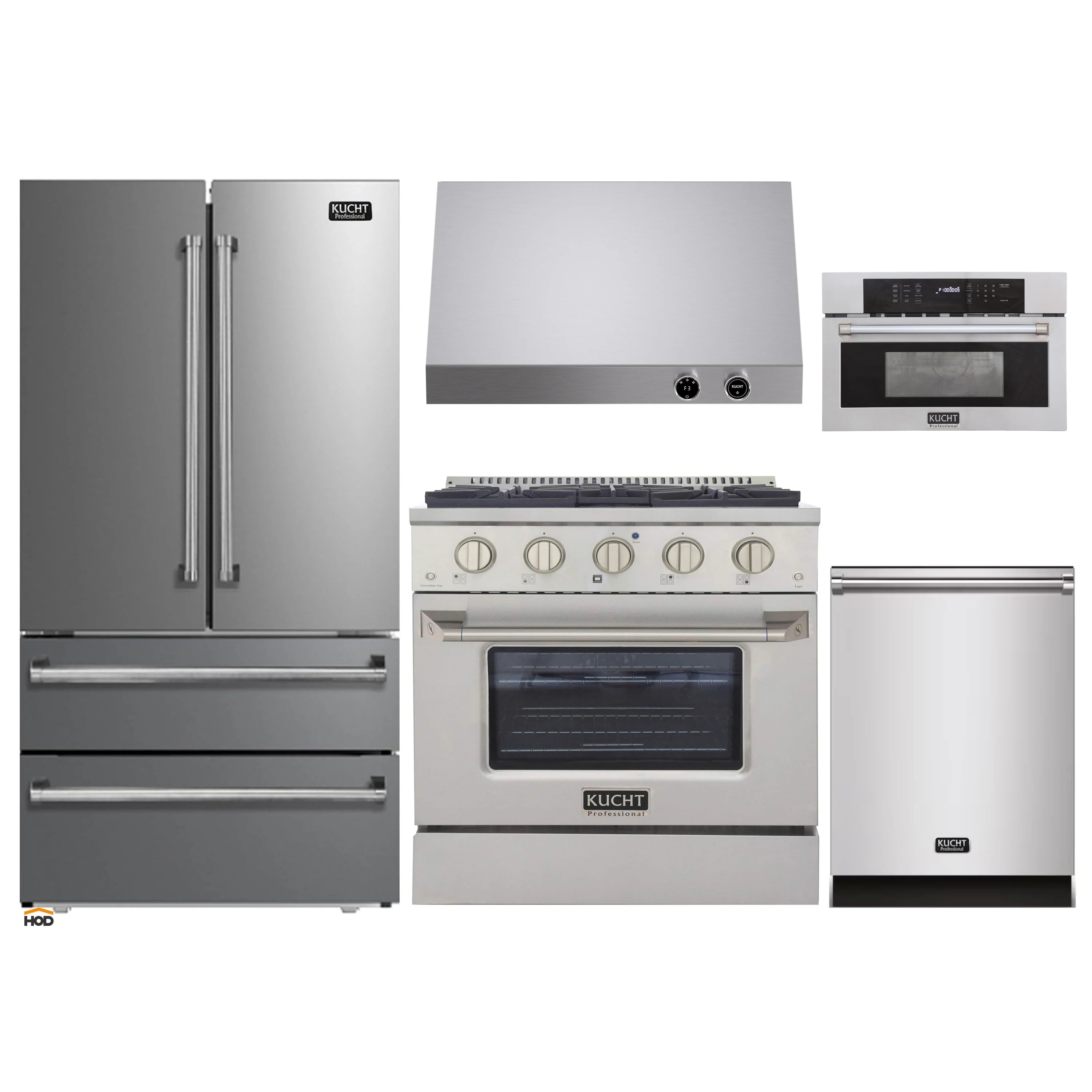 Stainless steel appliance set: refrigerator, gas range, dishwasher and wall oven
