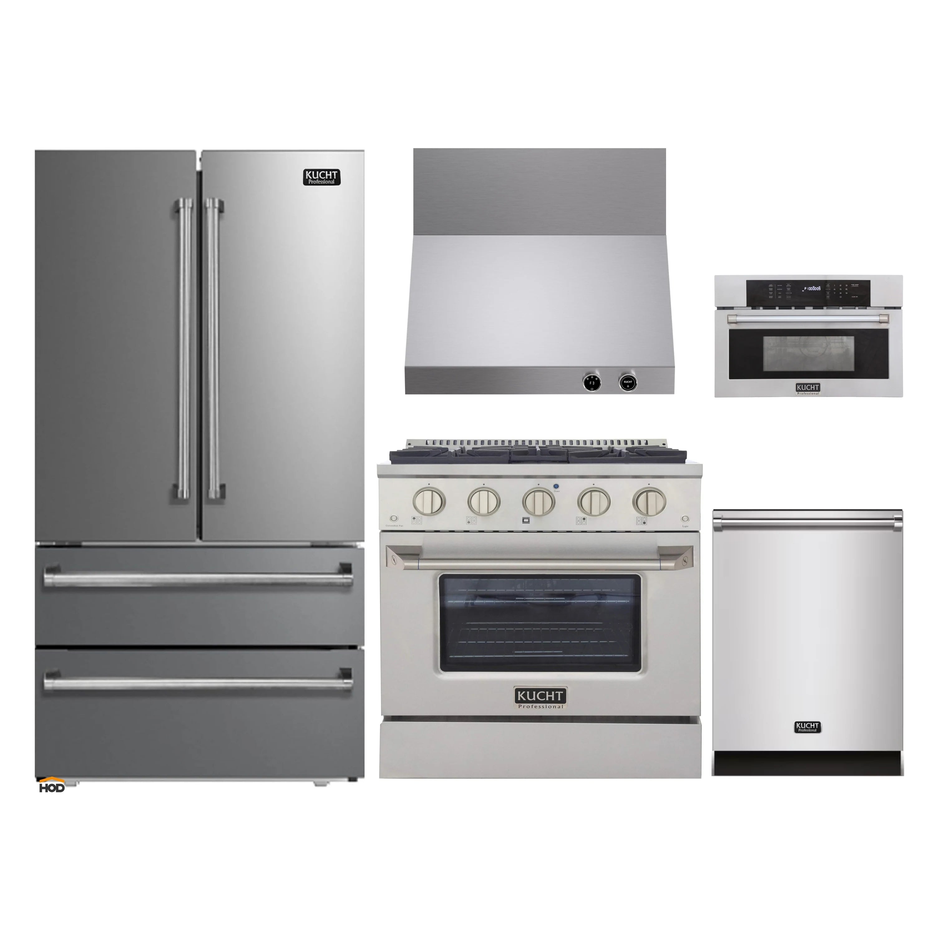 Stainless steel appliance set showing refrigerator, range, dishwasher, hood, and microwave
