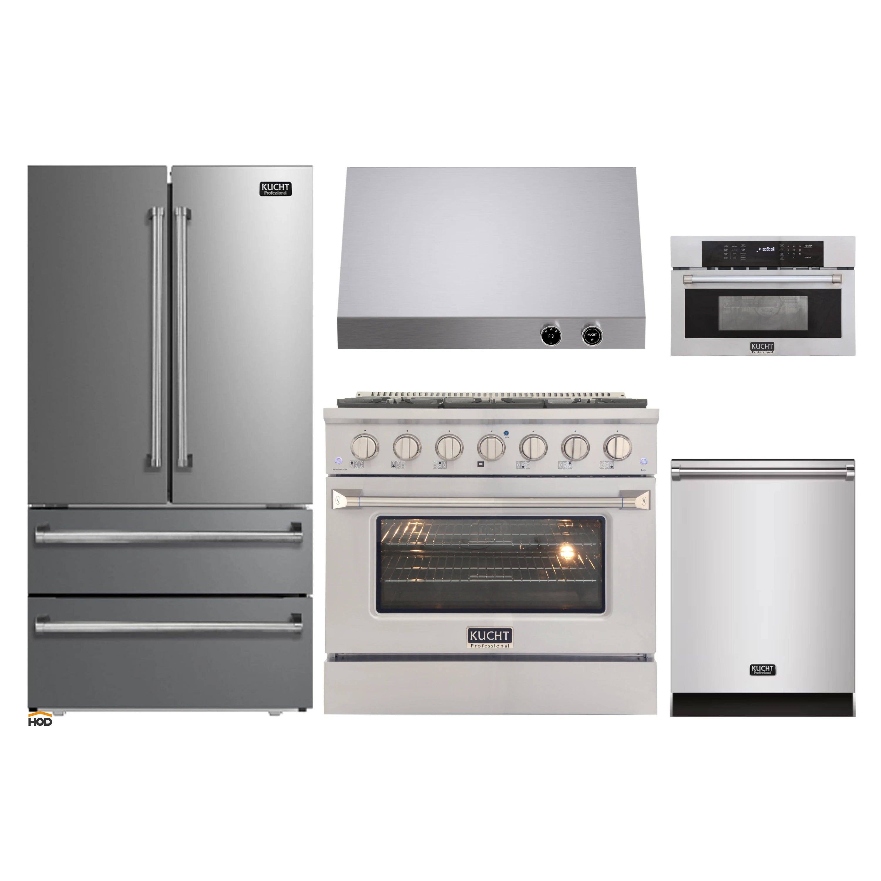 Stainless steel appliance package set: refrigerator, range, dishwasher, wall oven, microwave.