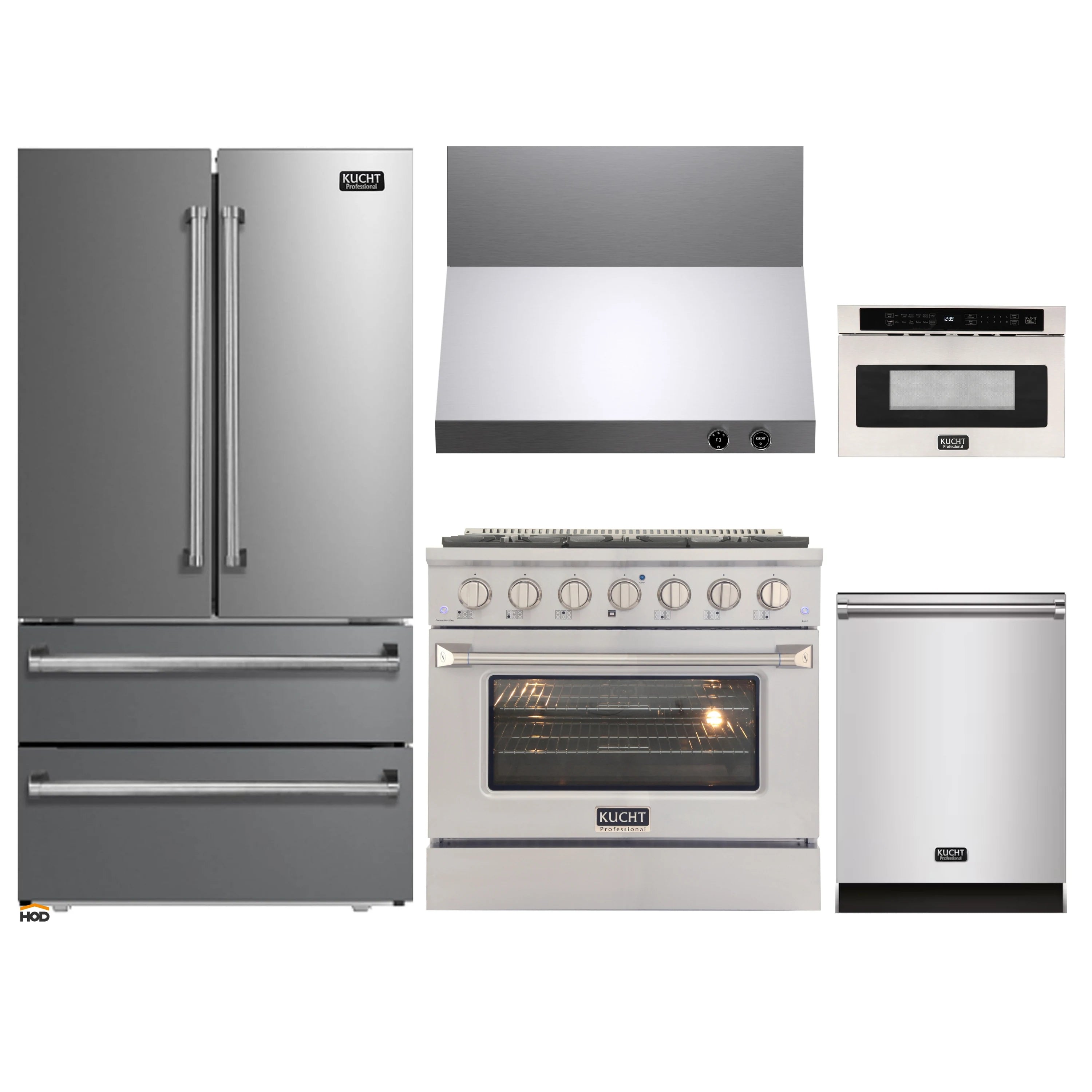 Stainless steel appliance package featuring a refrigerator, range, oven, and dishwasher